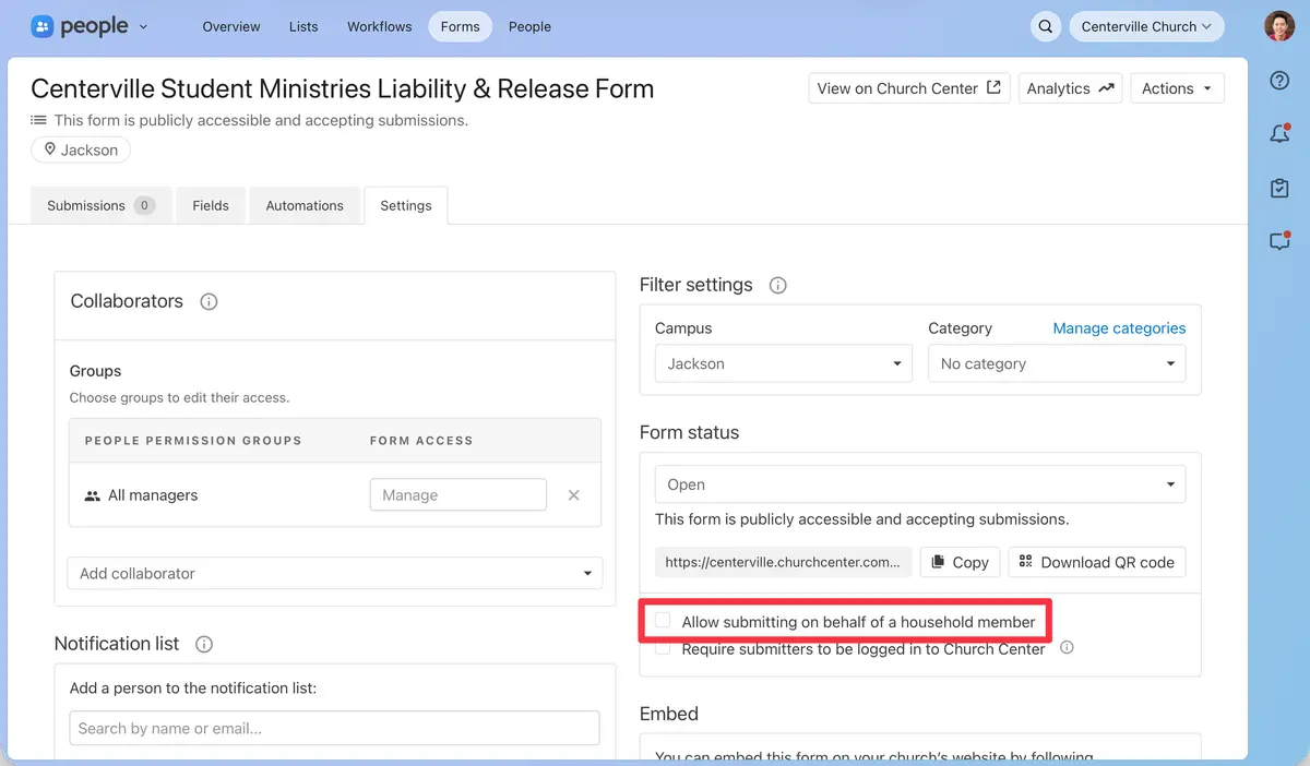 People Form settings with the new "allow submitting on behalf of a household member" highlighted