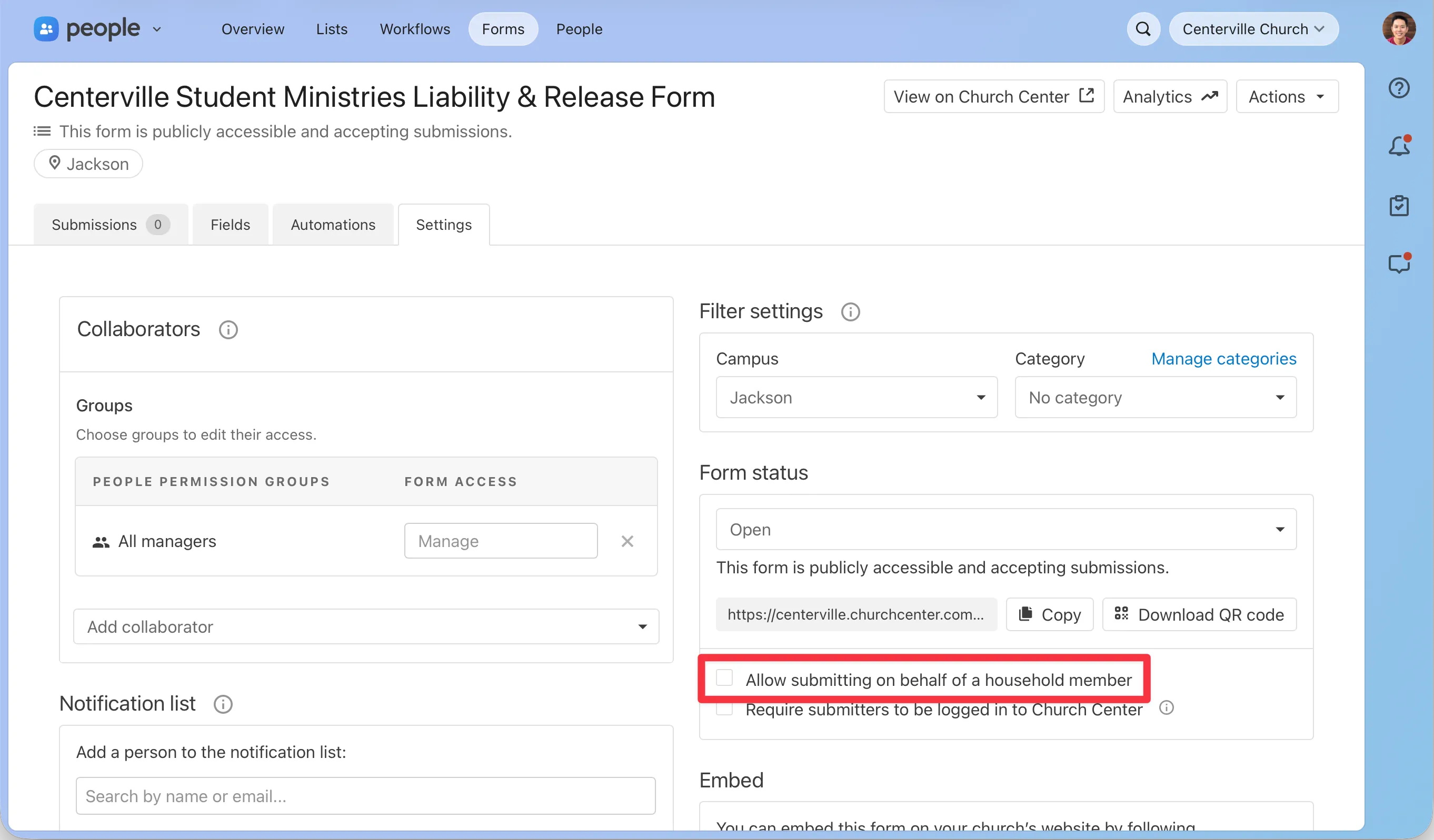 People Form settings with the new "allow submitting on behalf of a household member" highlighted