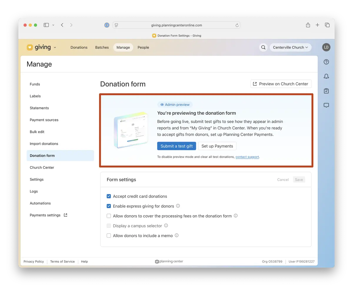 Online donation form settings page in preview mode with options for test gifts, credit card donations, and express giving. Provides admin settings and payment setup.