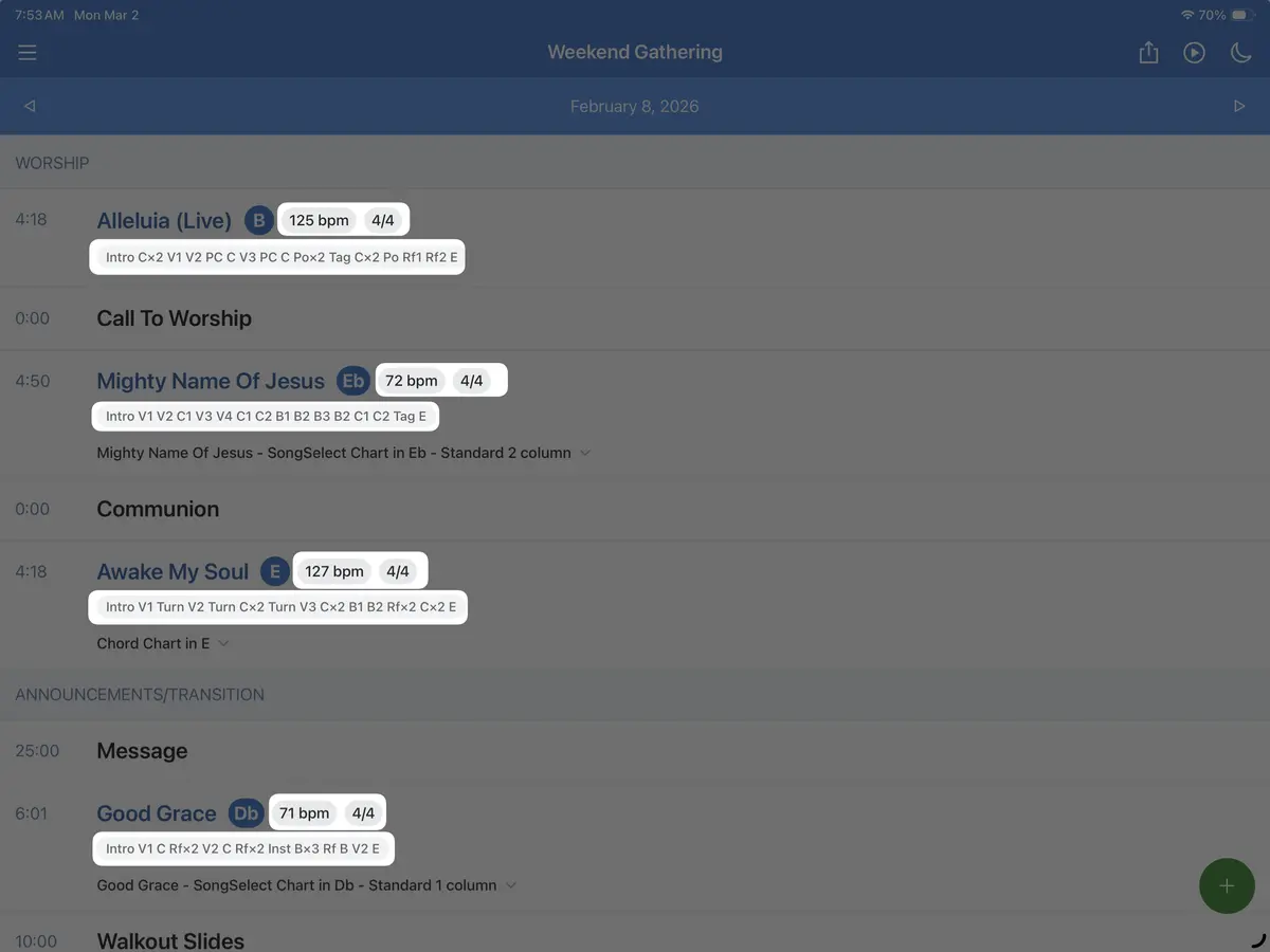 Digital worship schedule titled "Weekend Gathering" dated February 8, 2026, listing song titles, musical details, and sermon segments.