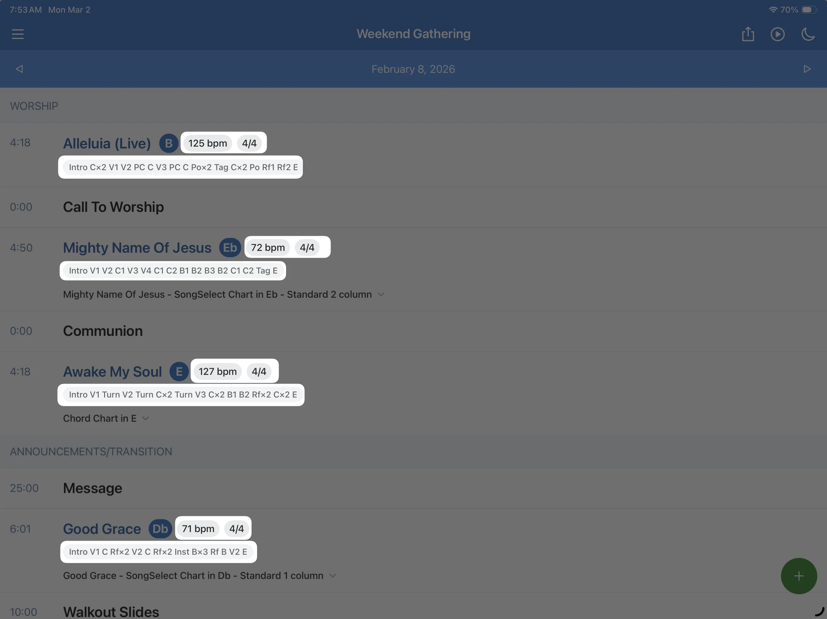 Digital worship schedule titled "Weekend Gathering" dated February 8, 2026, listing song titles, musical details, and sermon segments.