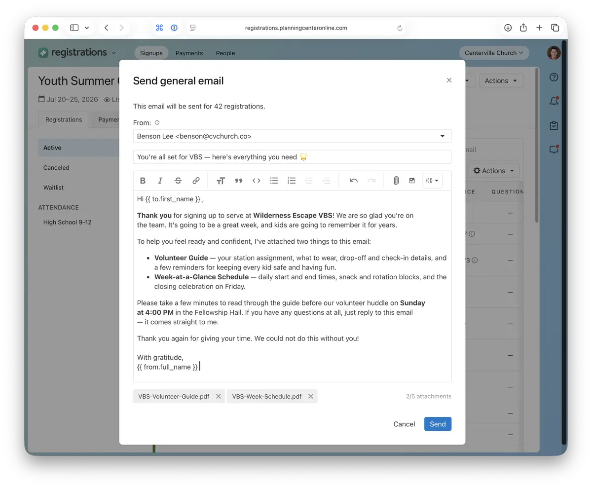 Email draft showing support for attachments and placeholder