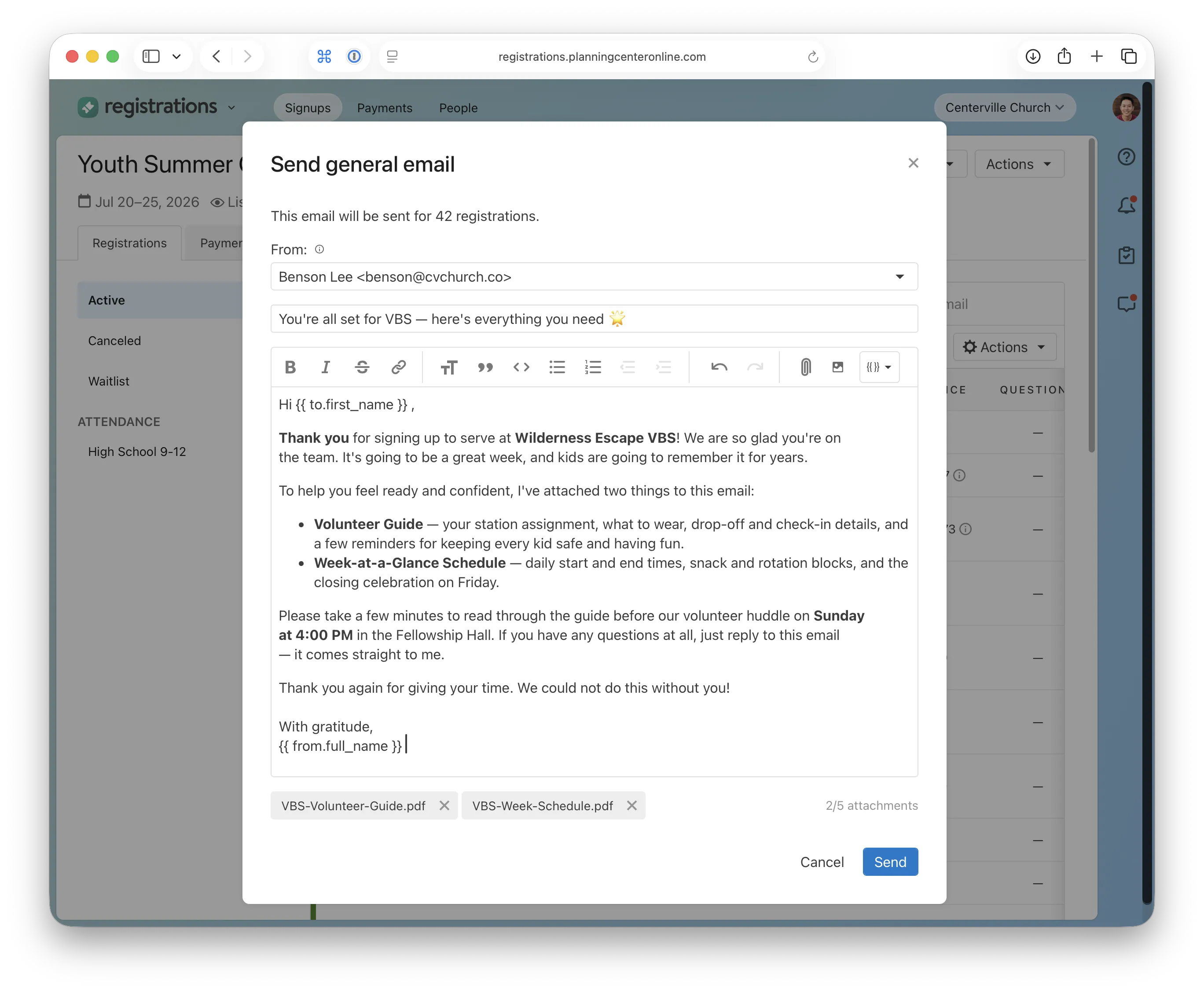 Email draft showing support for attachments and placeholder