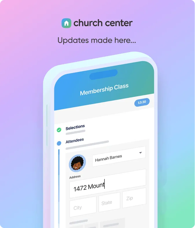 Illustration of a mobile interface for Church Center app, prompting users to update their address in the Membership Class section.
