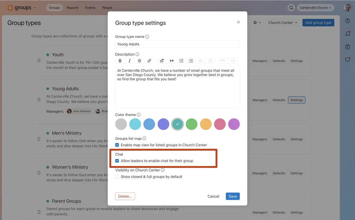 Settings window for "Young Adults" group type at Centerville Church, showing description, color choices, and chat options for group leaders.