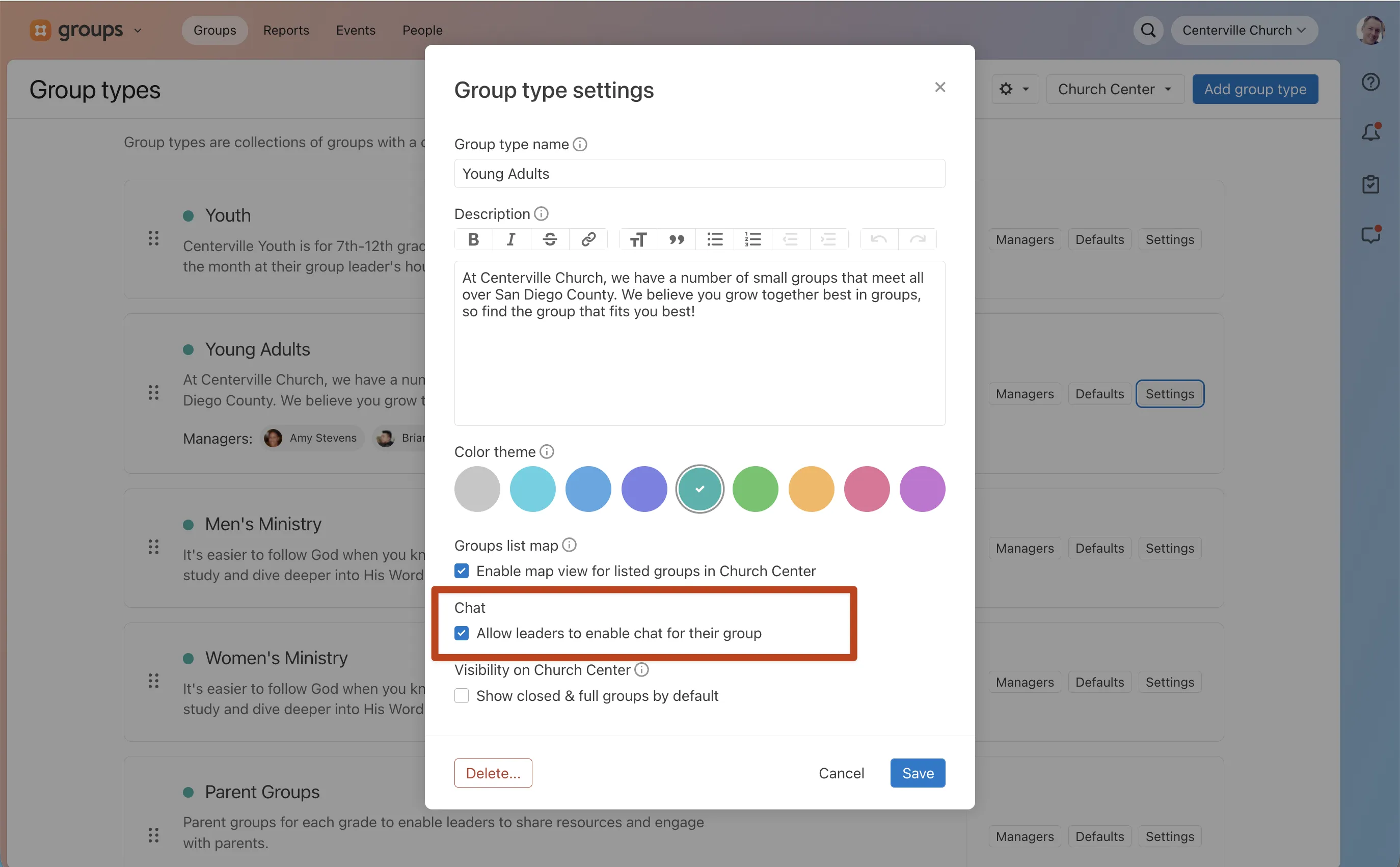 Settings window for "Young Adults" group type at Centerville Church, showing description, color choices, and chat options for group leaders.