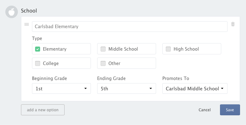 null School information menu sorted by type and grade.