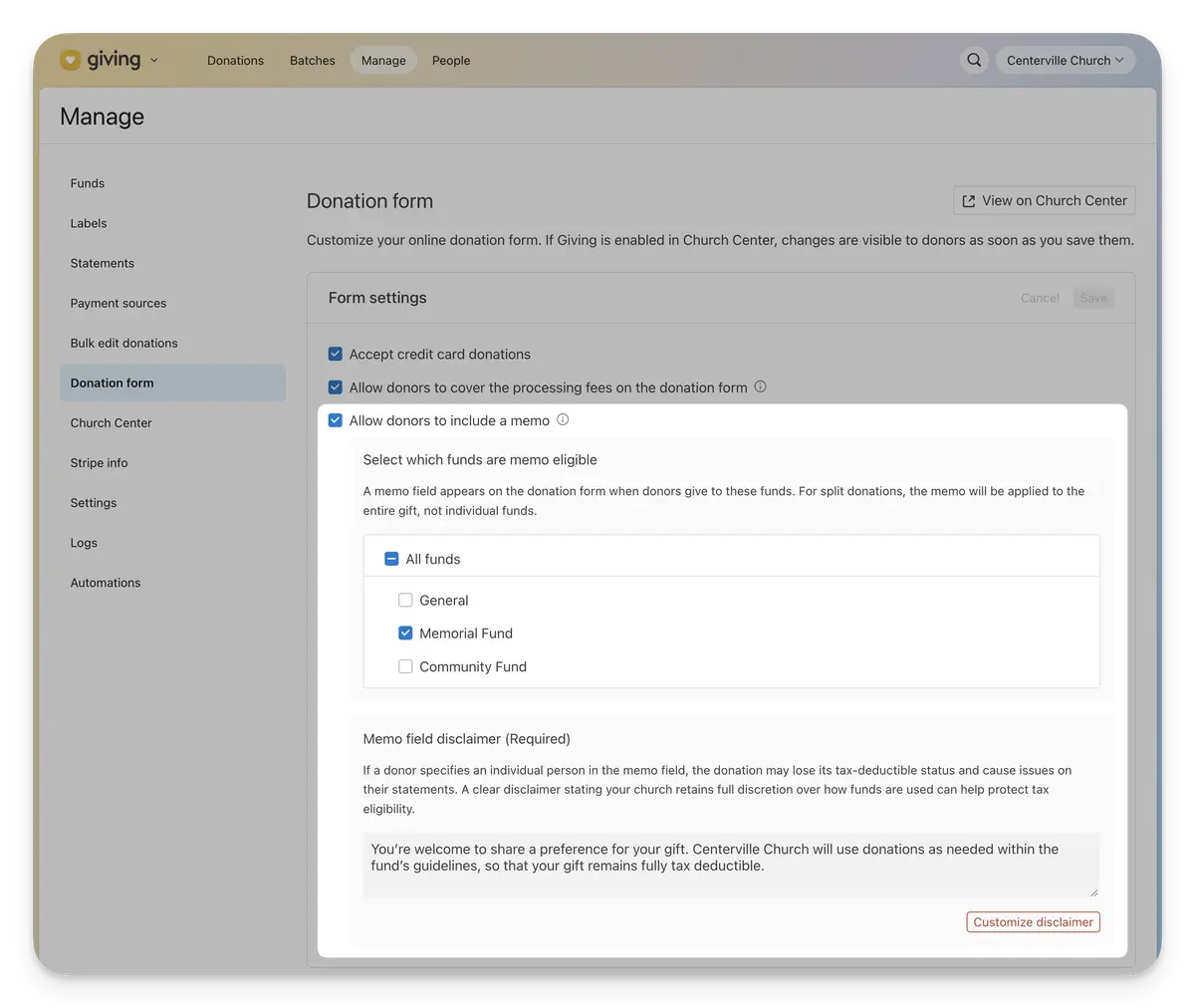 Donation form settings page showing "Allow donors to include a memo" with fund checkboxes and "Memorial Fund" selected.