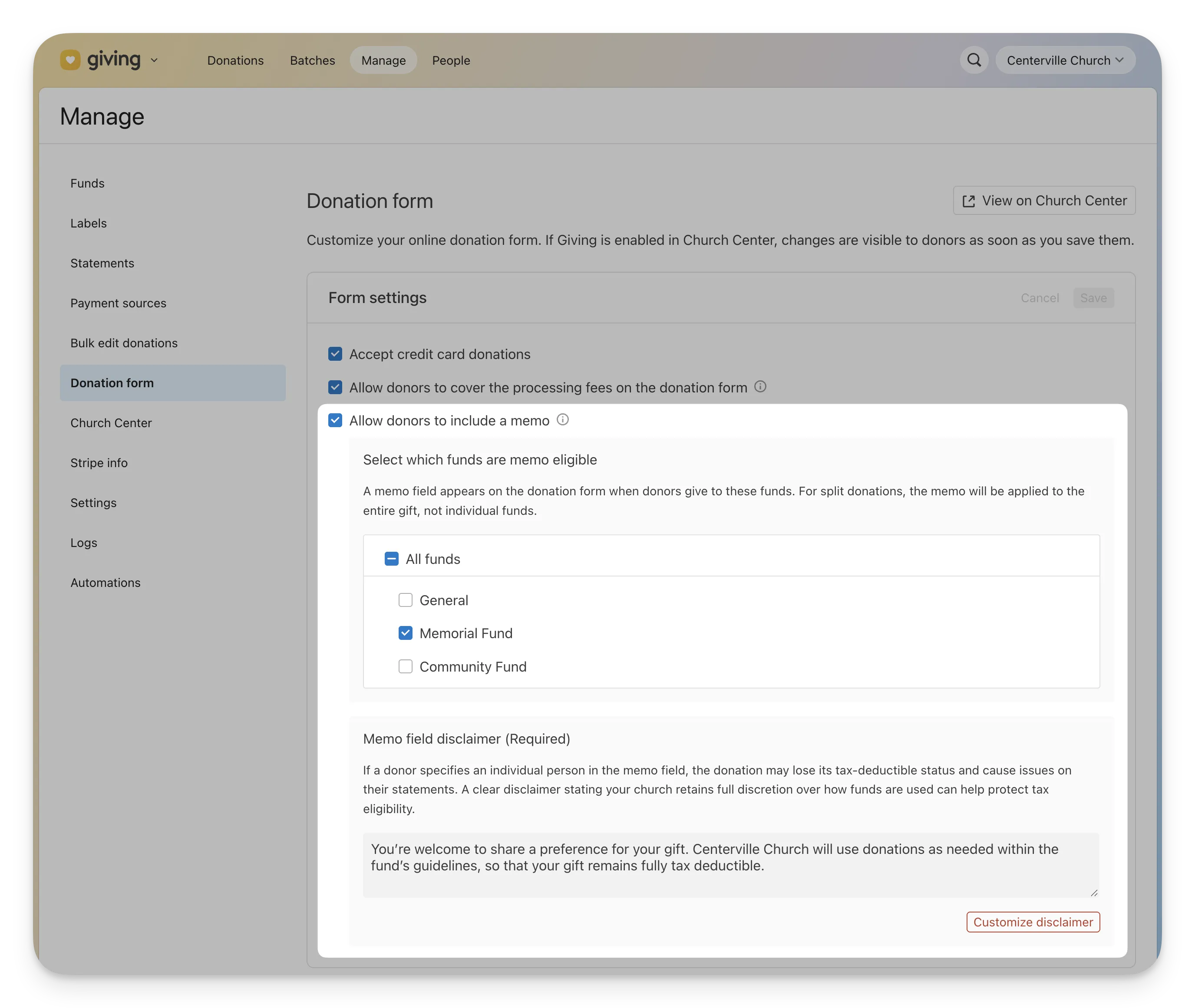 Donation form settings page showing "Allow donors to include a memo" with fund checkboxes and "Memorial Fund" selected.