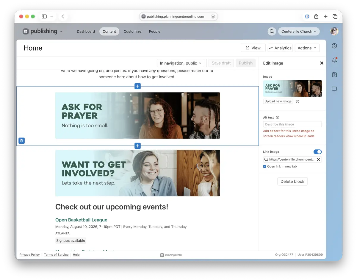 Webpage with sections titled "Ask for Prayer" and "Want to Get Involved?" displaying images of smiling people and an upcoming events list.