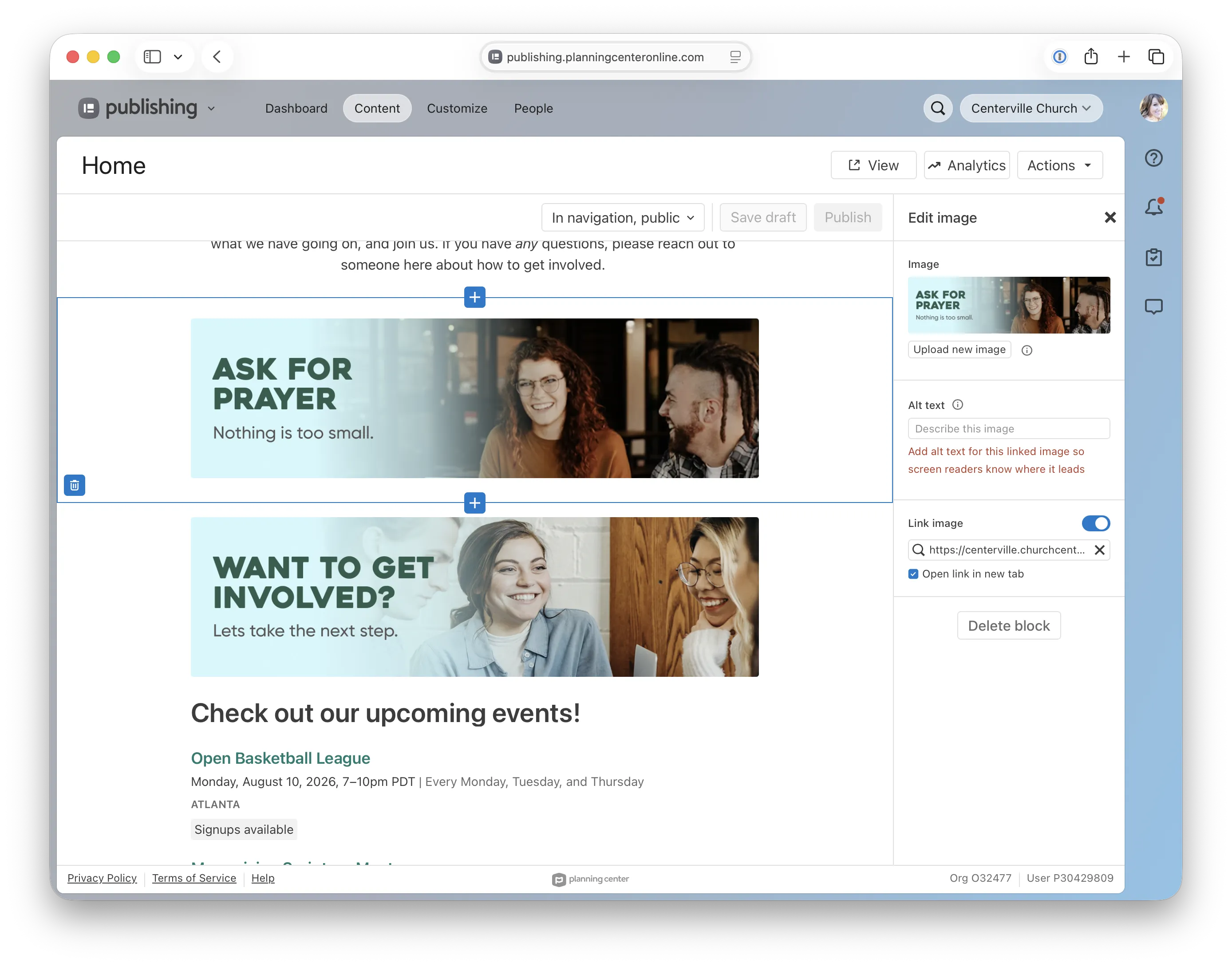 Webpage with sections titled "Ask for Prayer" and "Want to Get Involved?" displaying images of smiling people and an upcoming events list.