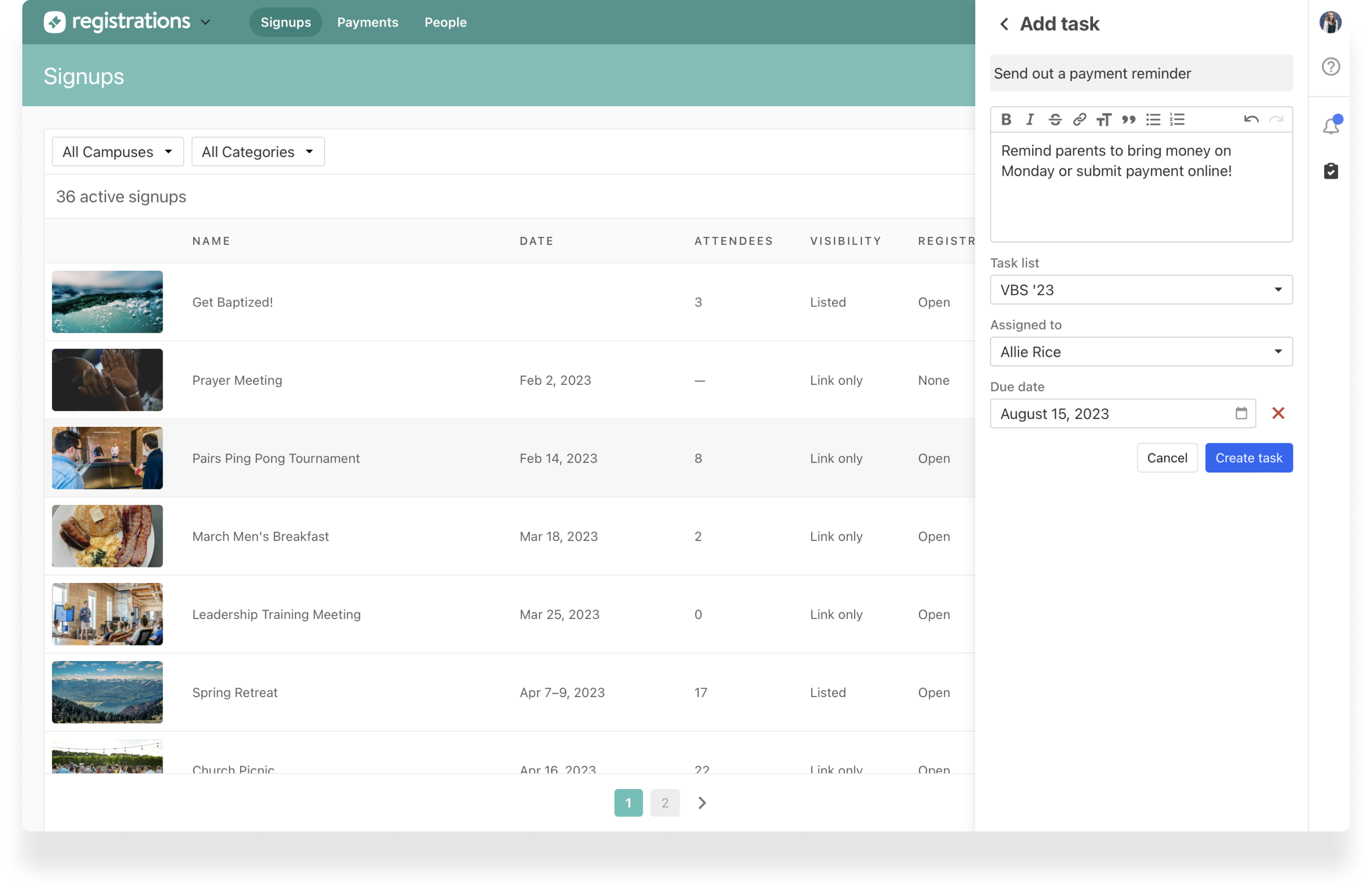 A Registrations signups page with a task being added to send a payment reminder.
