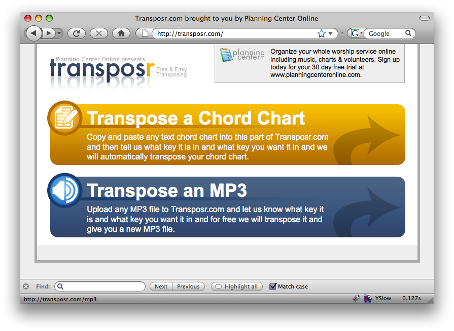 A modal with the option to transpose a chord chart or transpose an mp3.