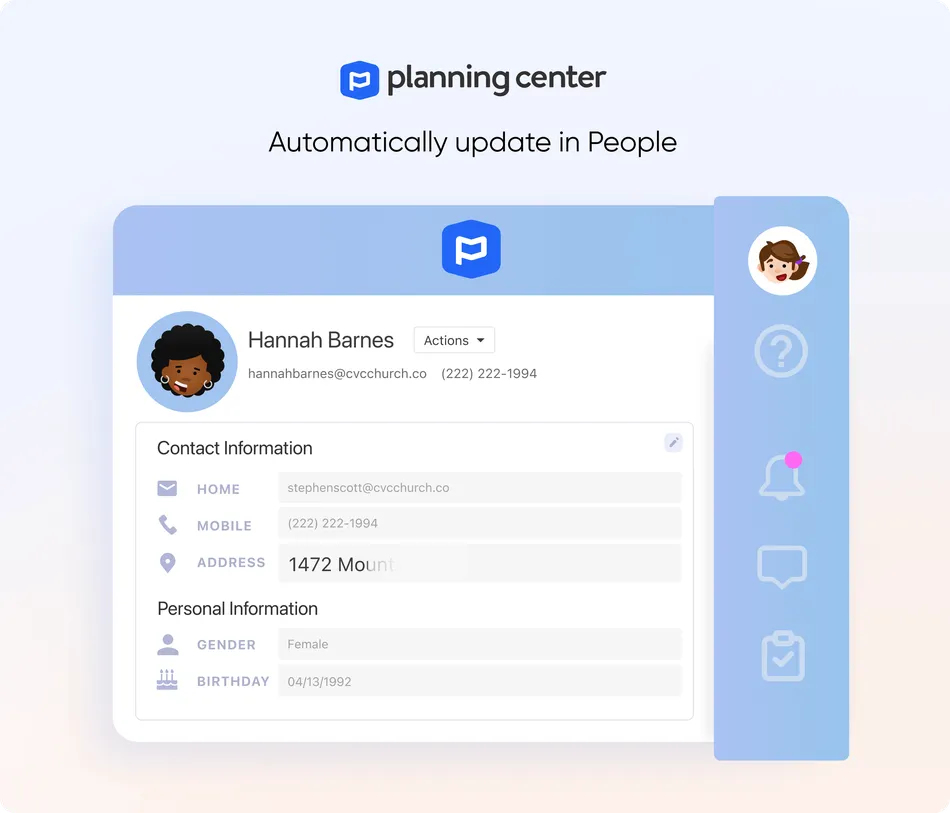 User profile interface on Planning Center, showing contact information like email, phone, address, and personal details under "People" section.