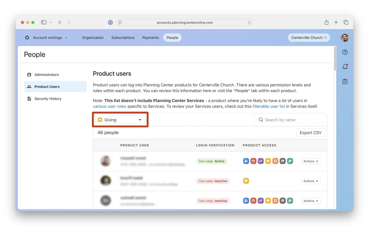 Product users page for Centerville Church on Planning Center, showing a list with "Giving" selected and user details displayed below.