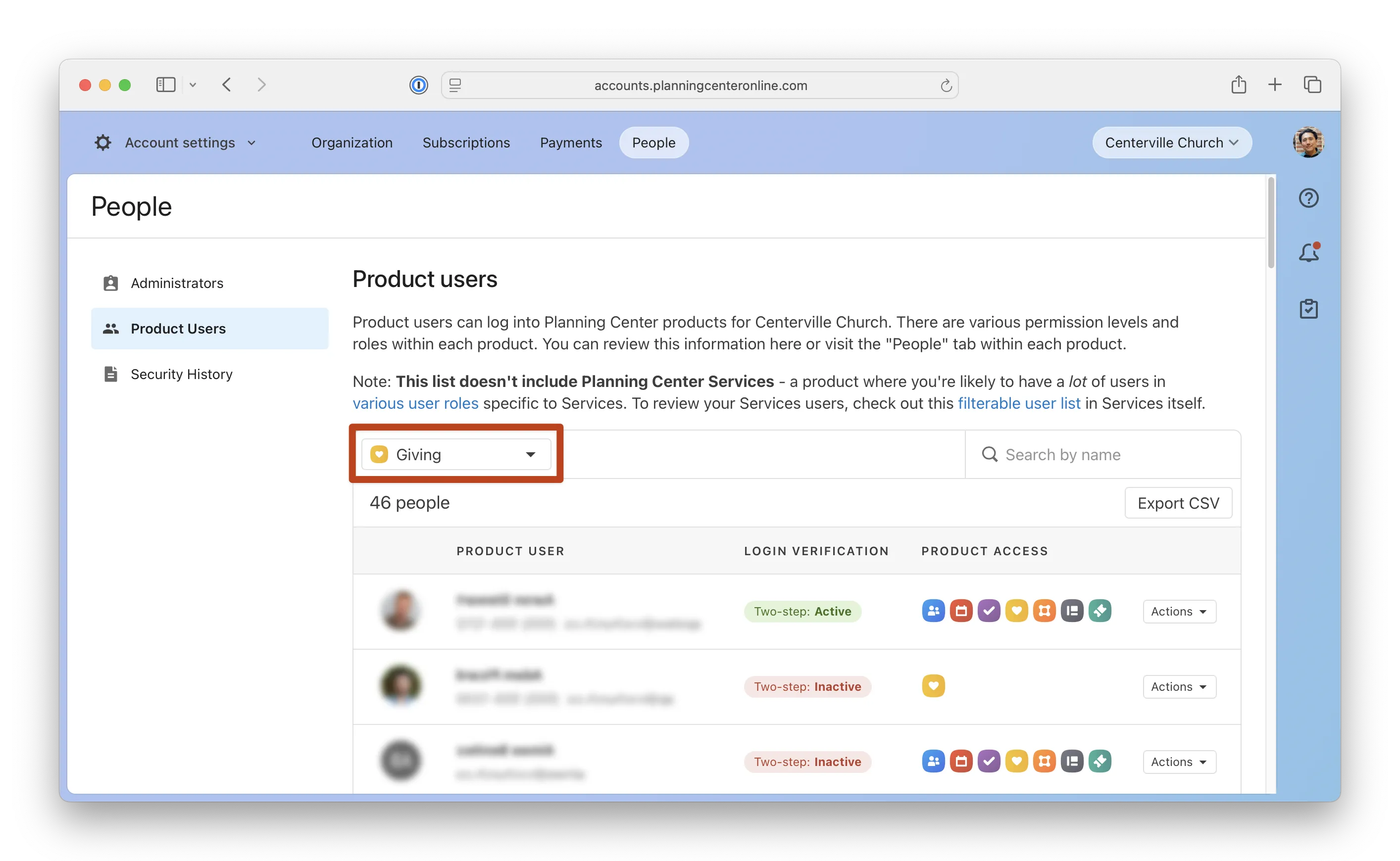 Product users page for Centerville Church on Planning Center, showing a list with "Giving" selected and user details displayed below.