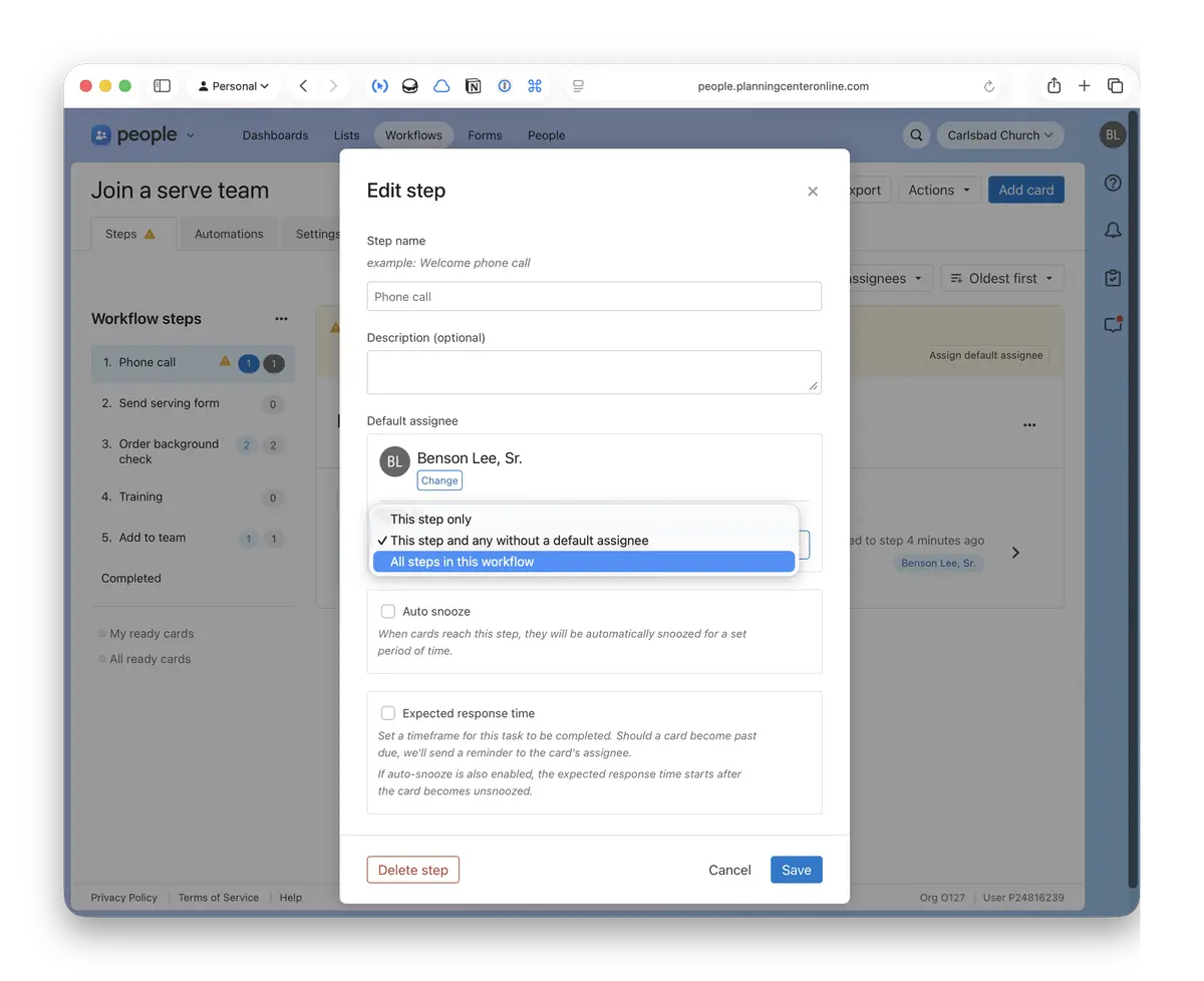 Screenshot of workflow step showing "assign to" dropdown options