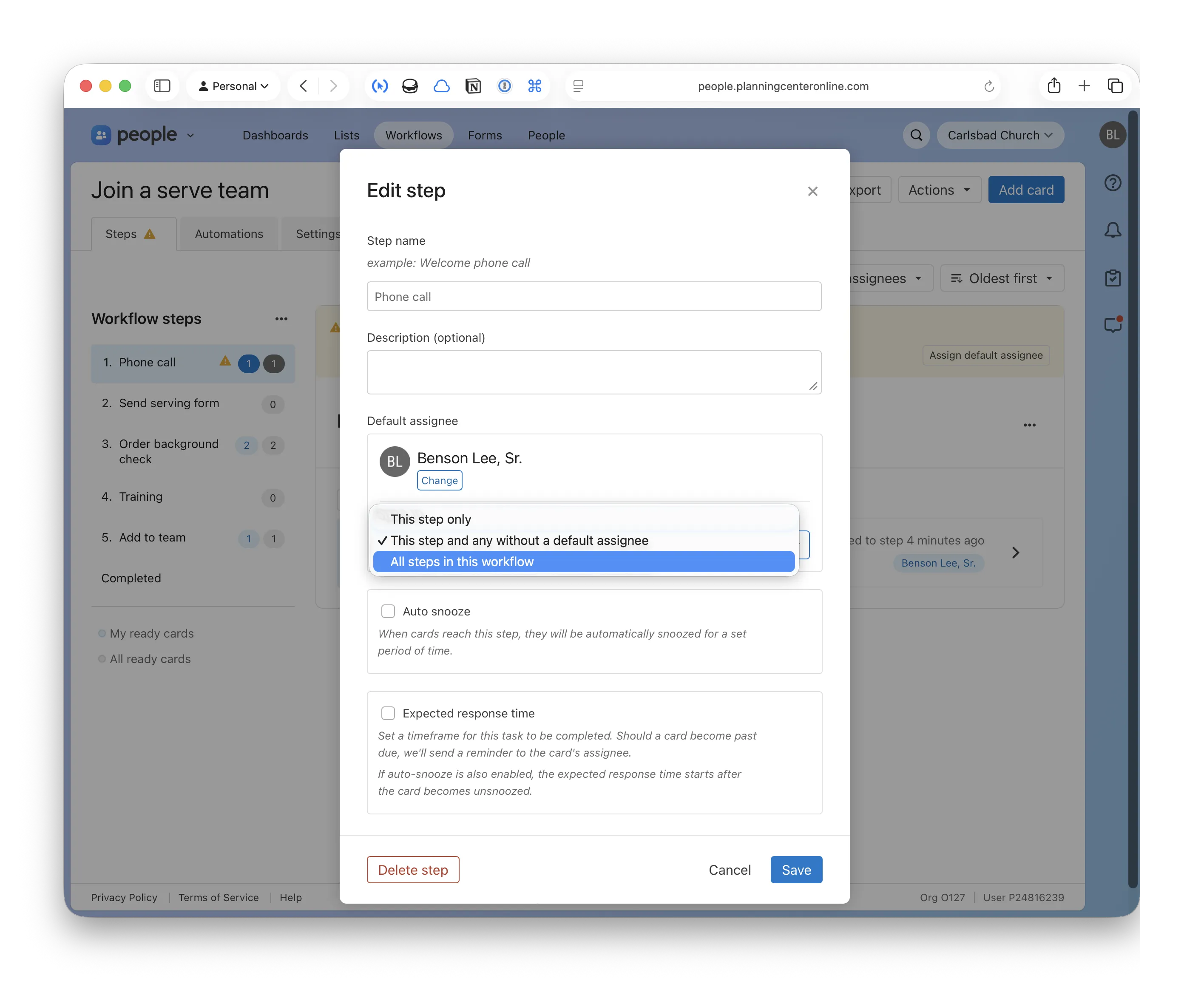 Screenshot of workflow step showing "assign to" dropdown options