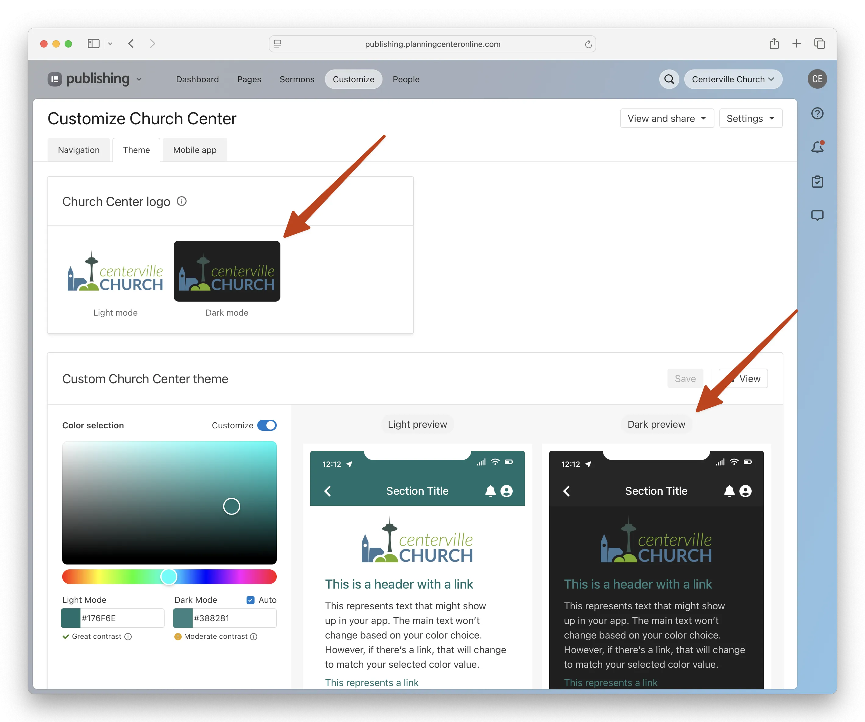 A webpage showing customization options for a church center, with logo and theme previews including light and dark modes.