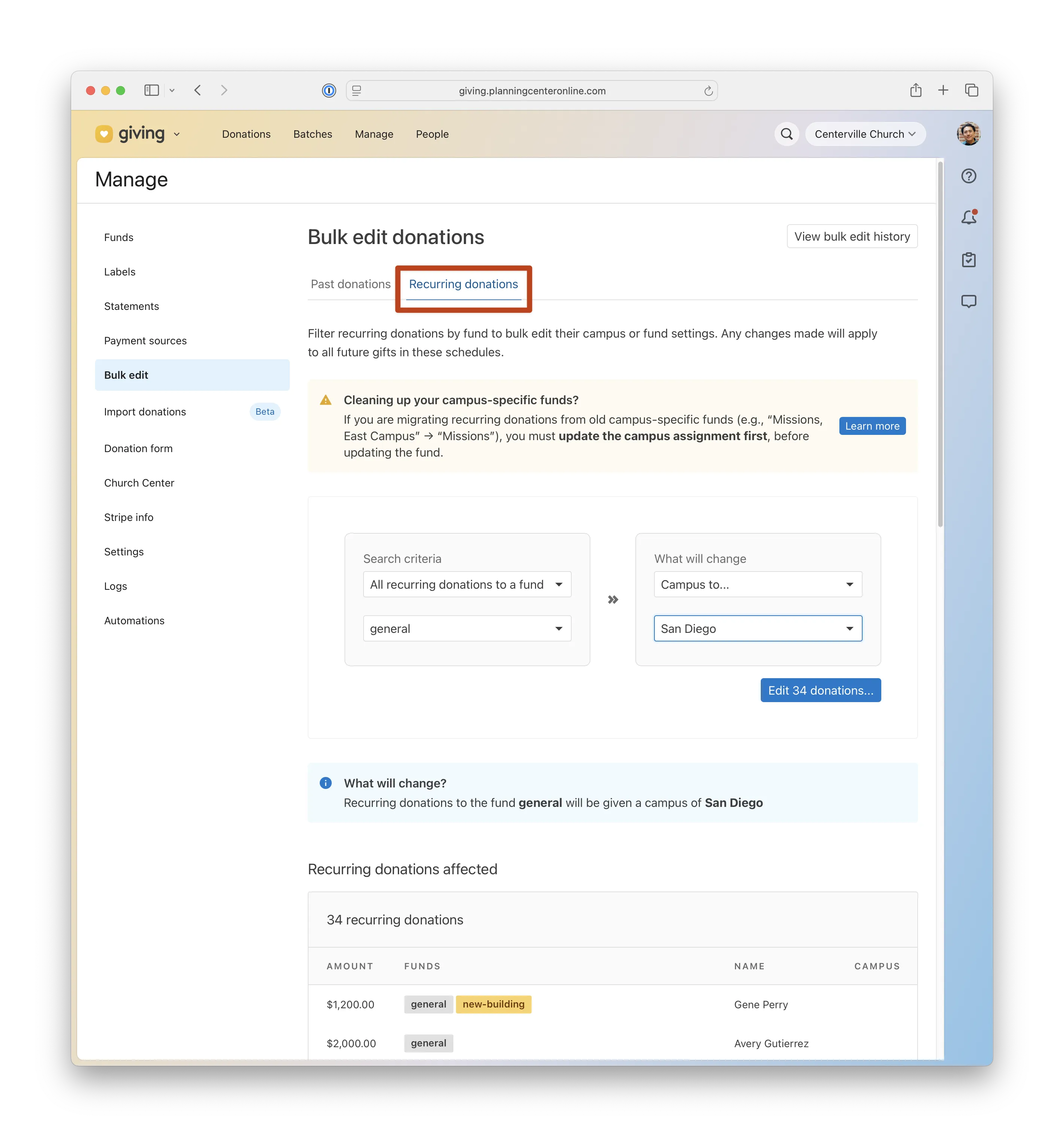 Web page for managing bulk edit donation tool, showing options to change recurring donations by fund and campus assignment settings.