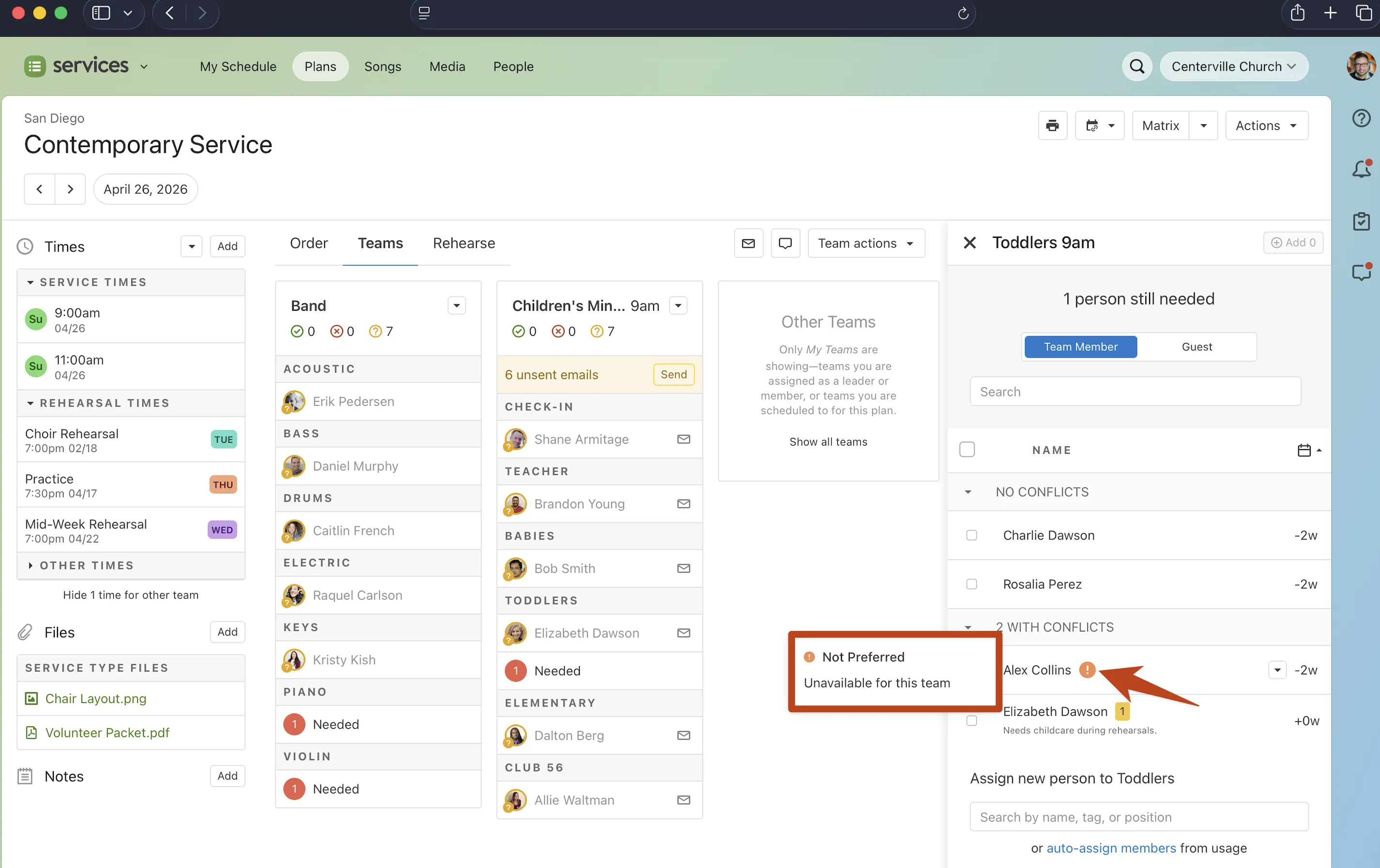 Dashboard for scheduling a Contemporary Service showing team assignments, rehearsal times, conflicts, and a note highlighting "Unavailable" status.