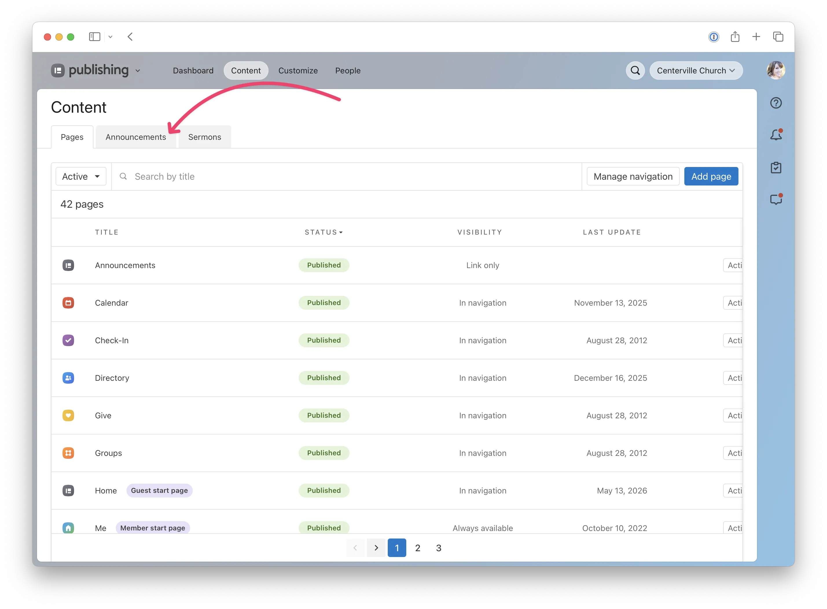 Dashboard interface displaying published web content, including announcements, calendar, and directory, with status, visibility, and last update info.