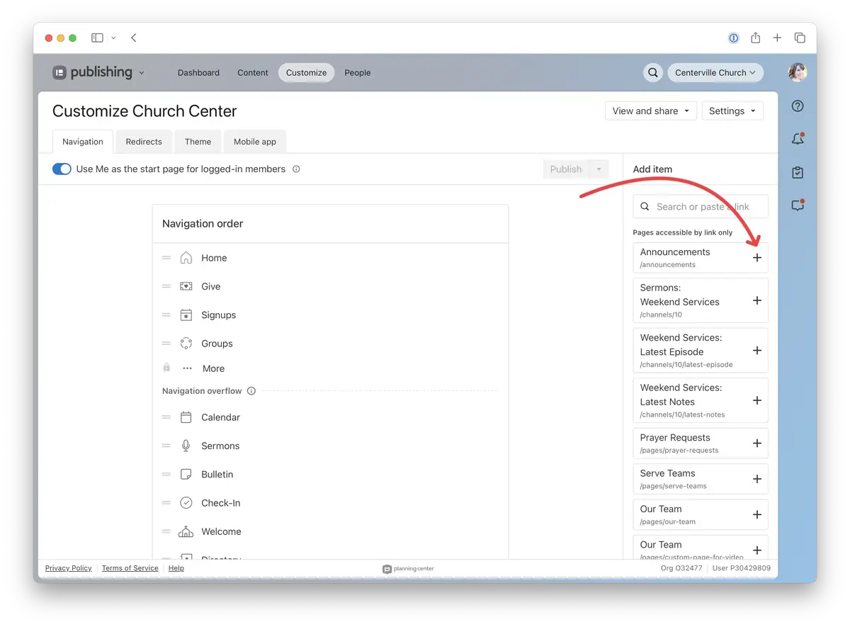 Customization interface for Church Center, showing navigation order options and an "Add Item" feature with items like Announcements and Sermons.