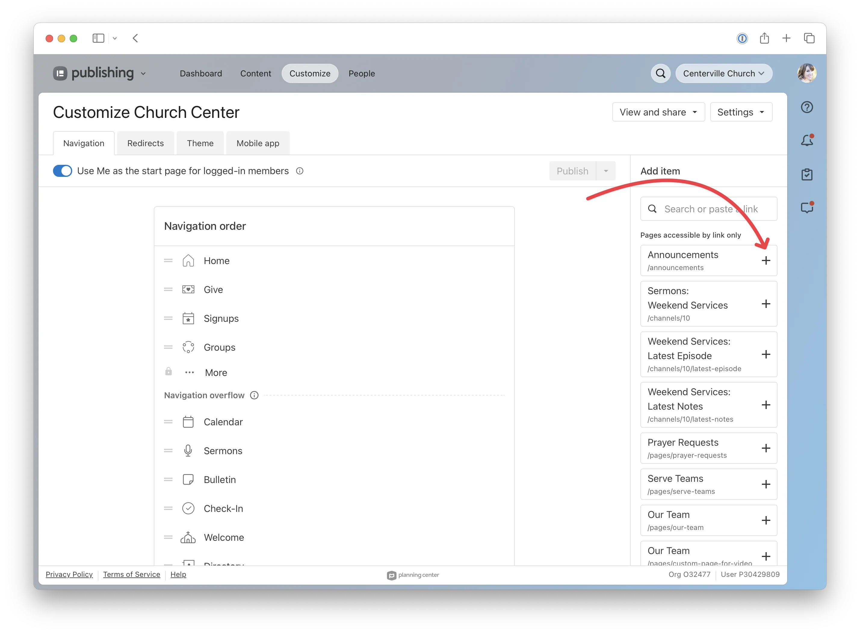 Customization interface for Church Center, showing navigation order options and an "Add Item" feature with items like Announcements and Sermons.
