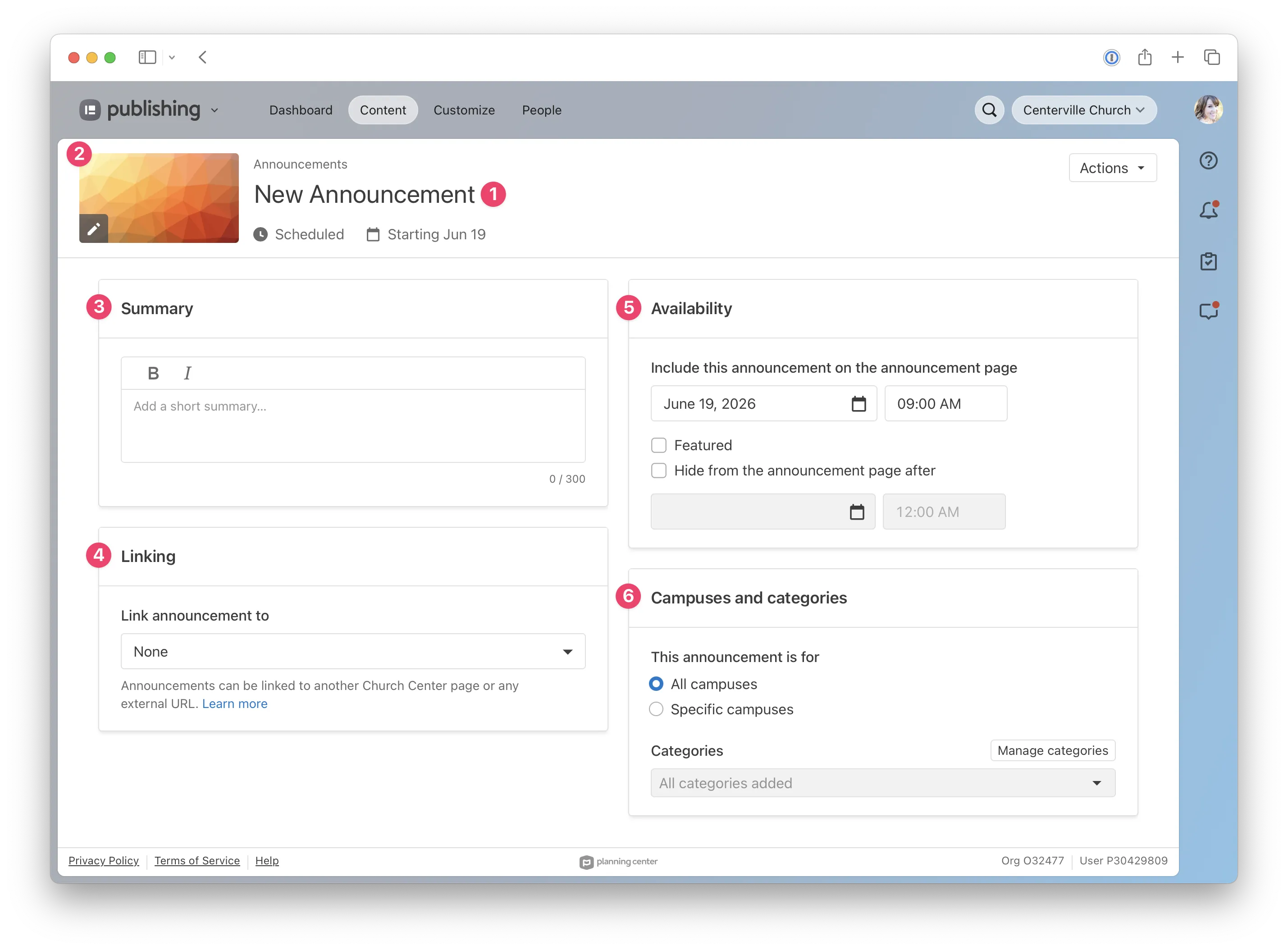 Web interface for creating a new announcement, with sections for summary, availability, linking, and campus categories.
