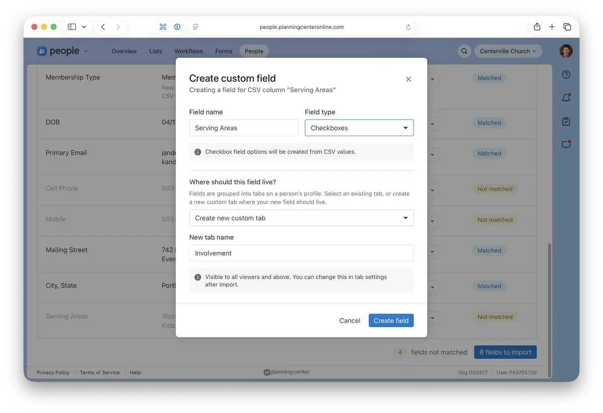 Dialog box for creating a custom field titled "Serving Areas" with checkboxes on a website, showing options for field placement and tab naming.
