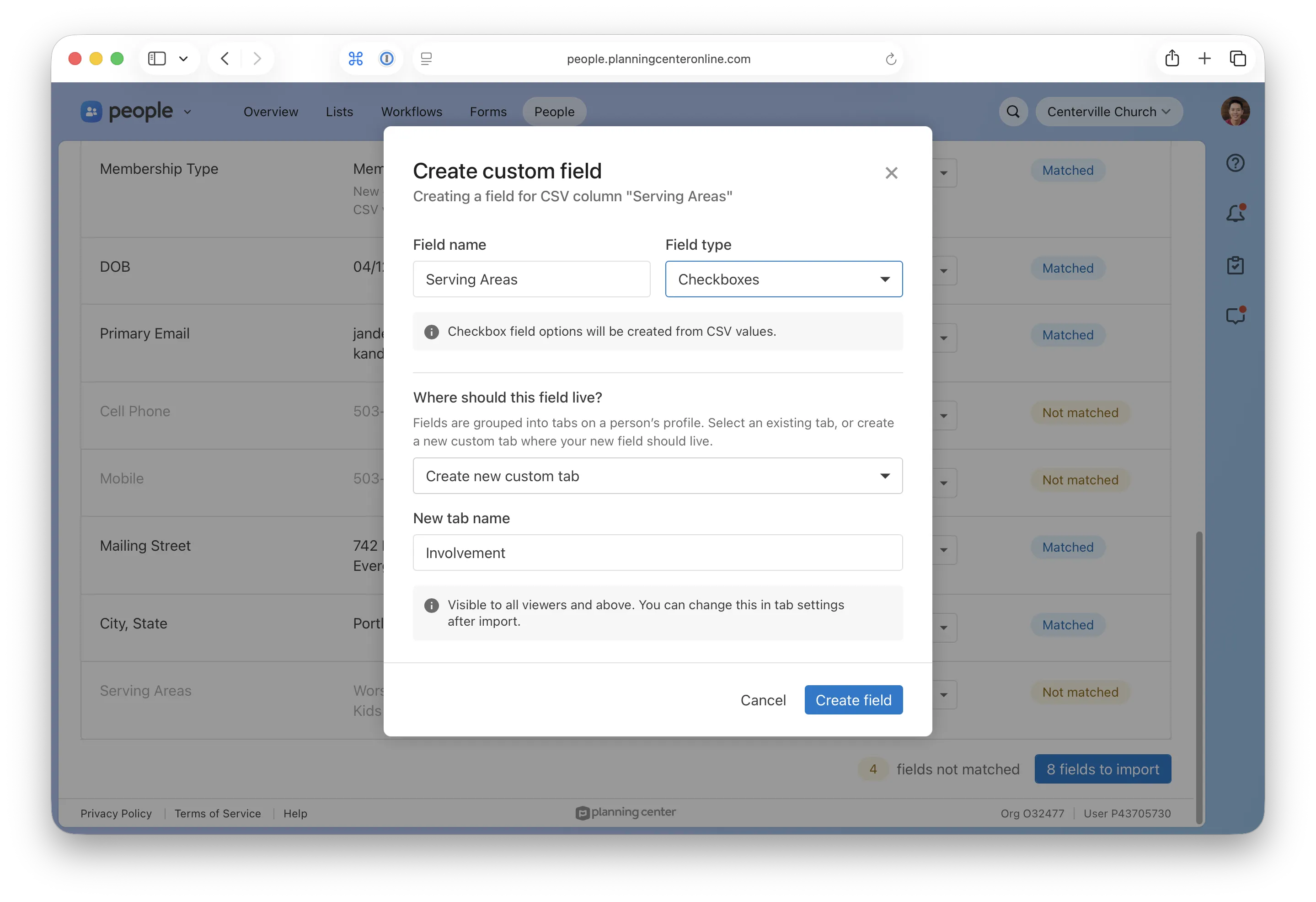 Dialog box for creating a custom field titled "Serving Areas" with checkboxes on a website, showing options for field placement and tab naming.