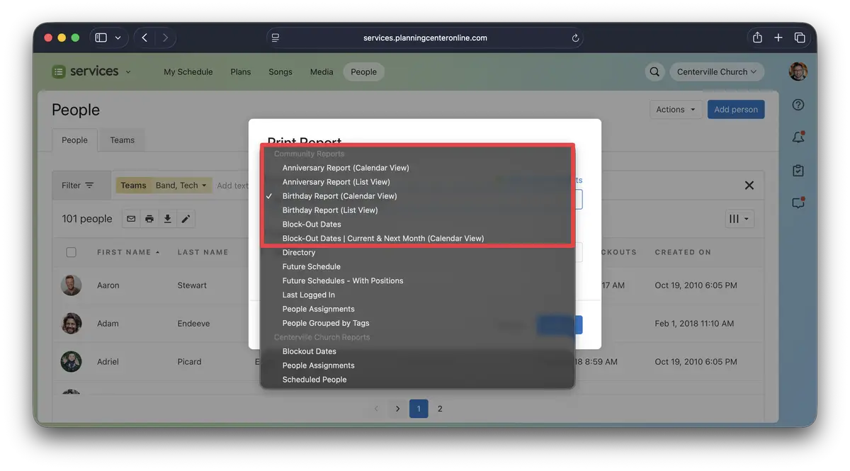 A browser window displays a services webpage with a dropdown menu highlighting community reports, including various report options like anniversary and birthday.