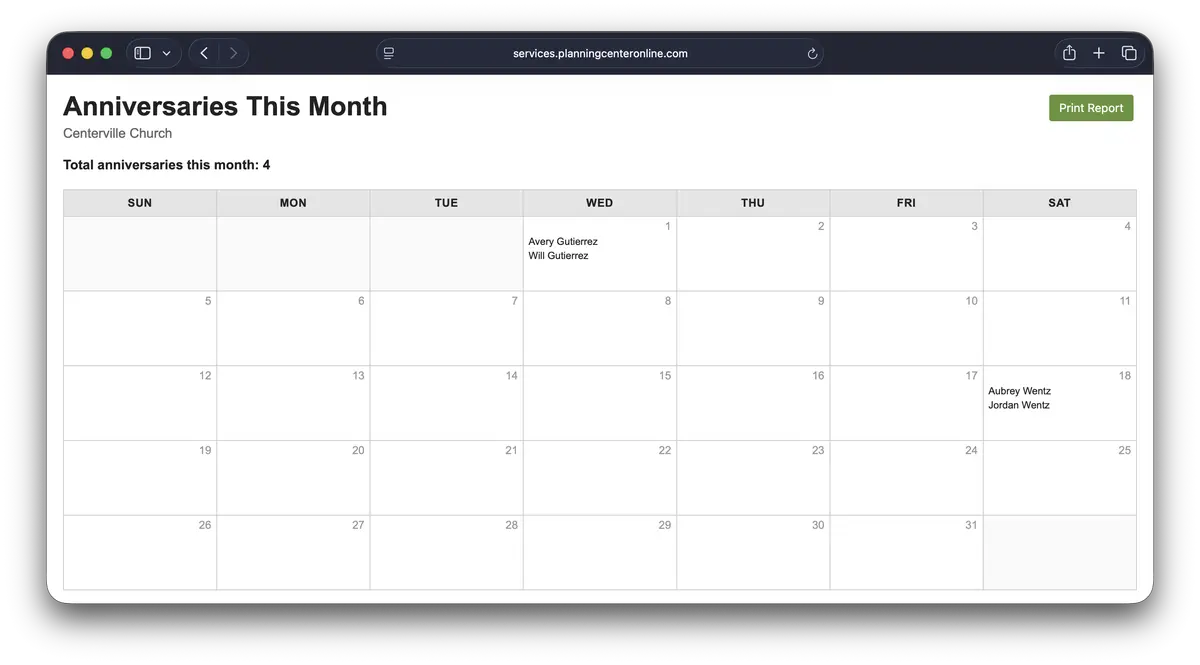 Calendar titled "Anniversaries This Month" for Centerville Church, showing 4 total anniversaries, with listed names on the 1st and 18th.