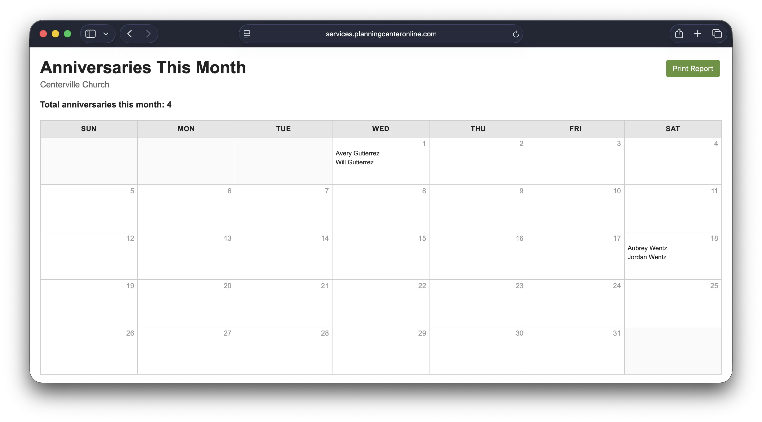 Calendar titled "Anniversaries This Month" for Centerville Church, showing 4 total anniversaries, with listed names on the 1st and 18th.