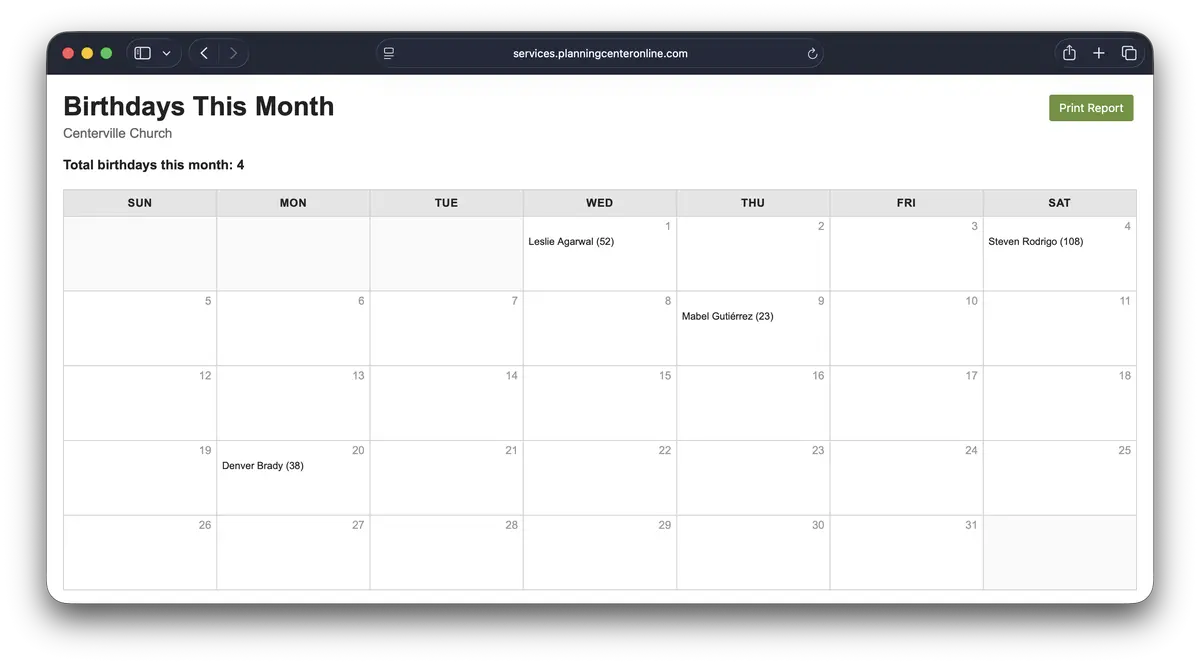 Calendar titled "Birthdays This Month" for Centerville Church with four birthdays listed.