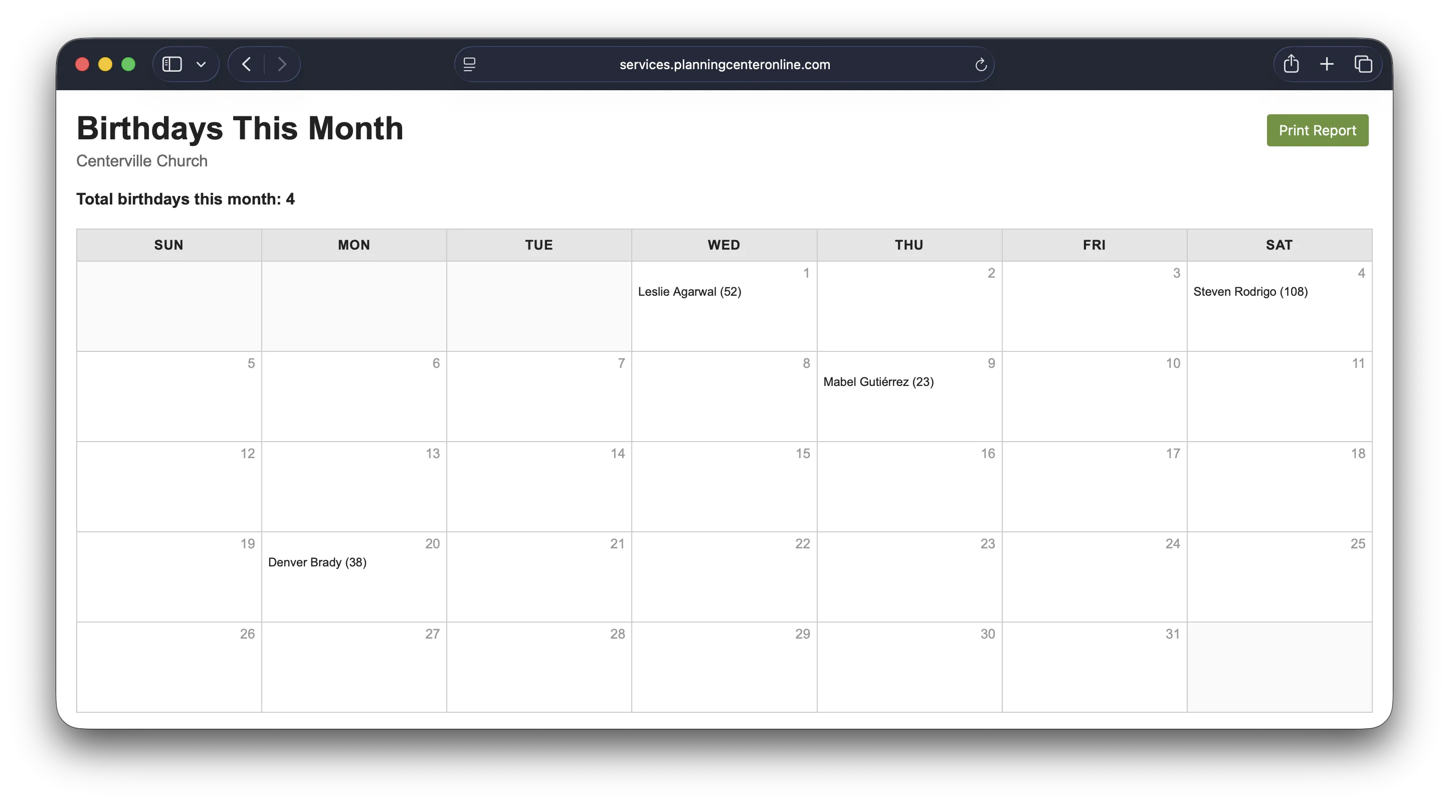 Calendar titled "Birthdays This Month" for Centerville Church with four birthdays listed.