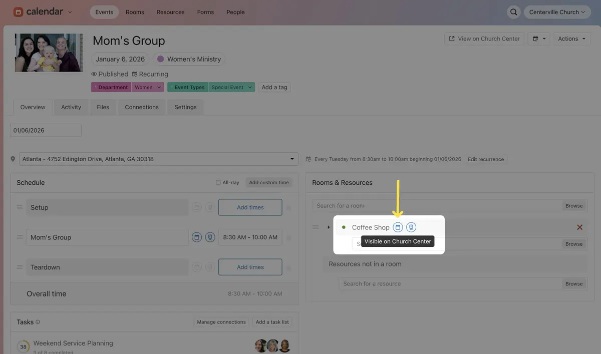 Calendar interface showing "Mom's Group" event in Atlanta on January 6, 2026. Schedule includes Coffee Shop and Visible Church Center rooms.