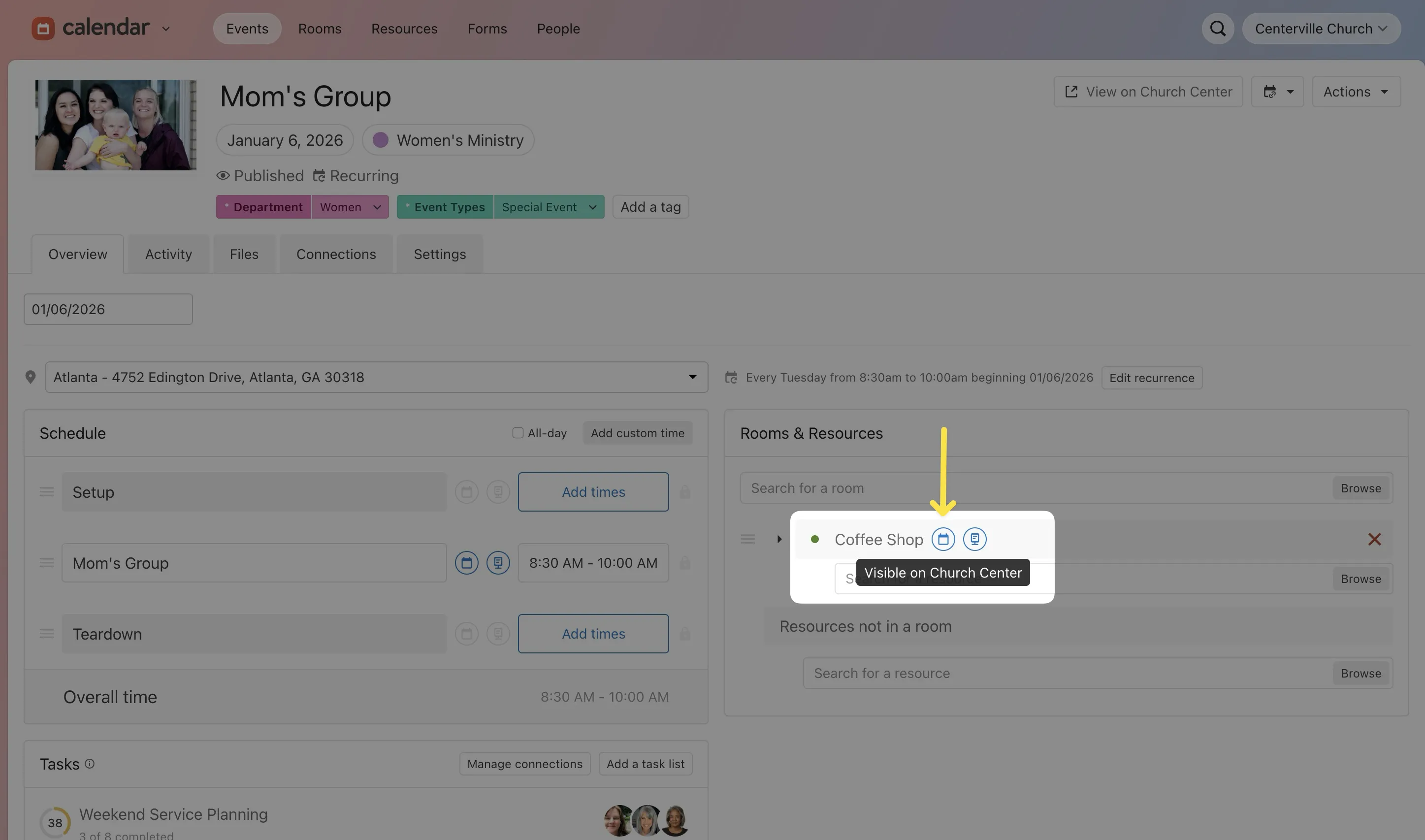 Calendar interface showing "Mom's Group" event in Atlanta on January 6, 2026. Schedule includes Coffee Shop and Visible Church Center rooms.