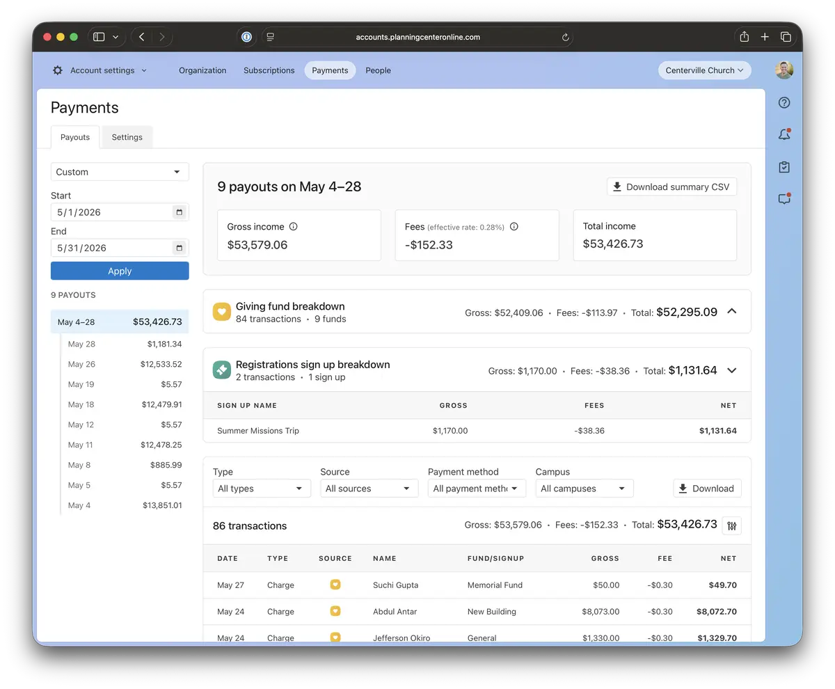 A webpage displaying a detailed financial summary of payouts, transactions, and income with filter options and CSV download button in a browser window.