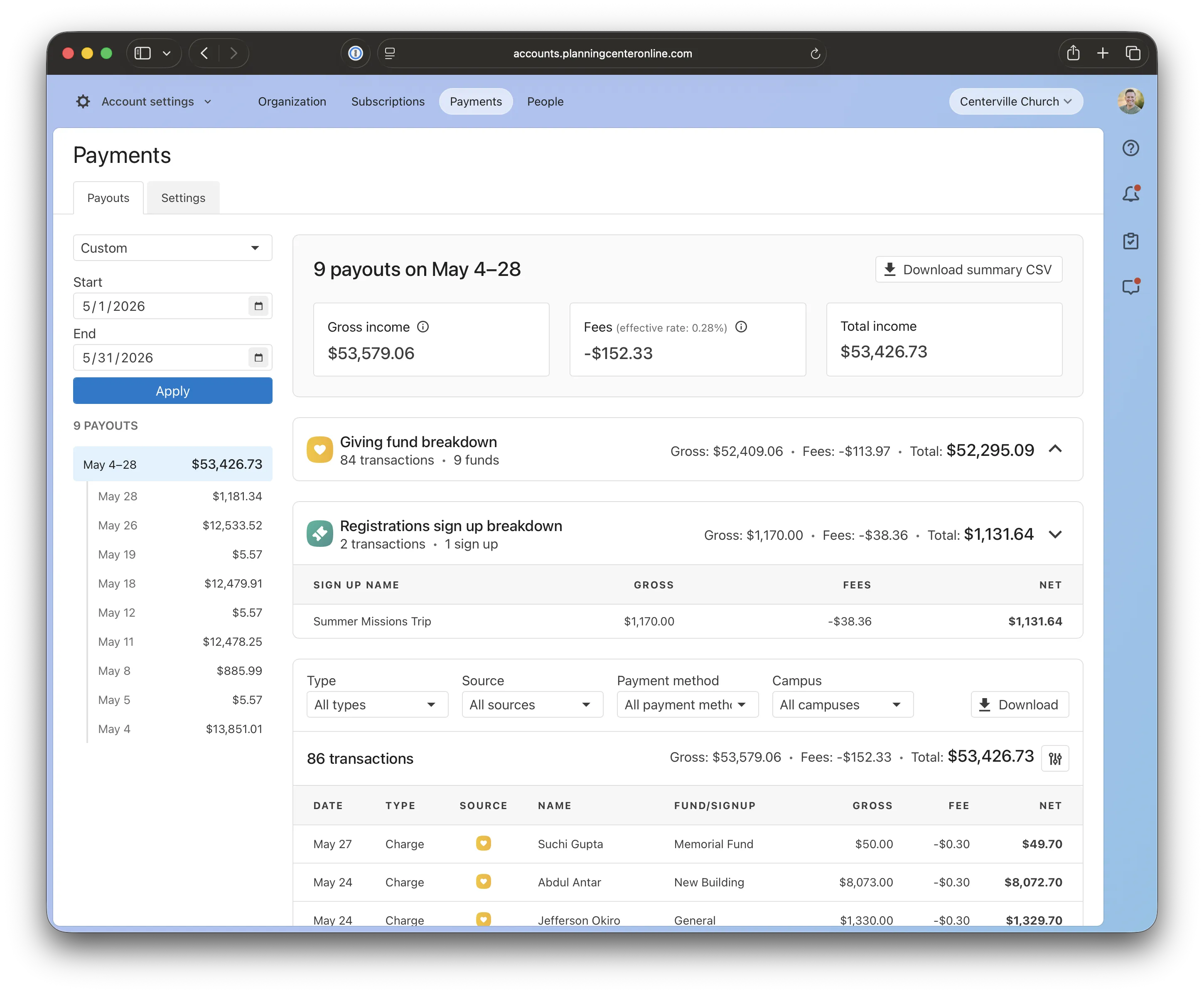 A webpage displaying a detailed financial summary of payouts, transactions, and income with filter options and CSV download button in a browser window.