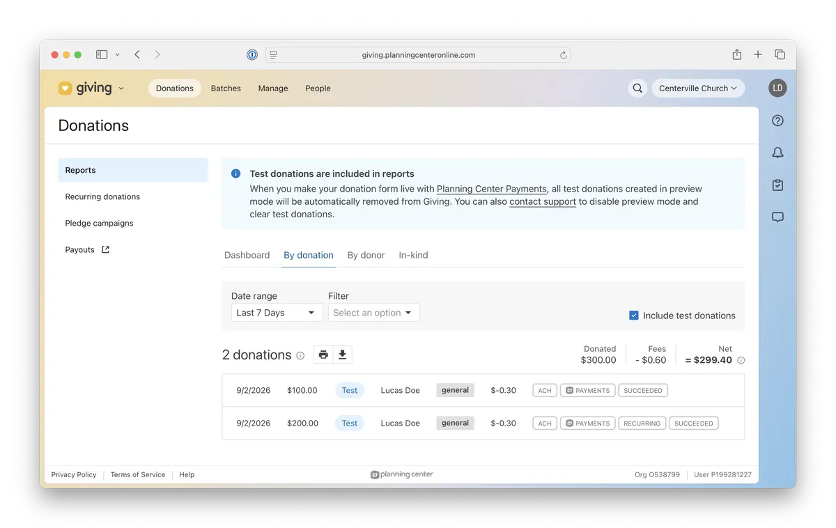 Donation report interface showing test donations in preview mode, date range filter, and transaction details, including donor name, amount, and fees.