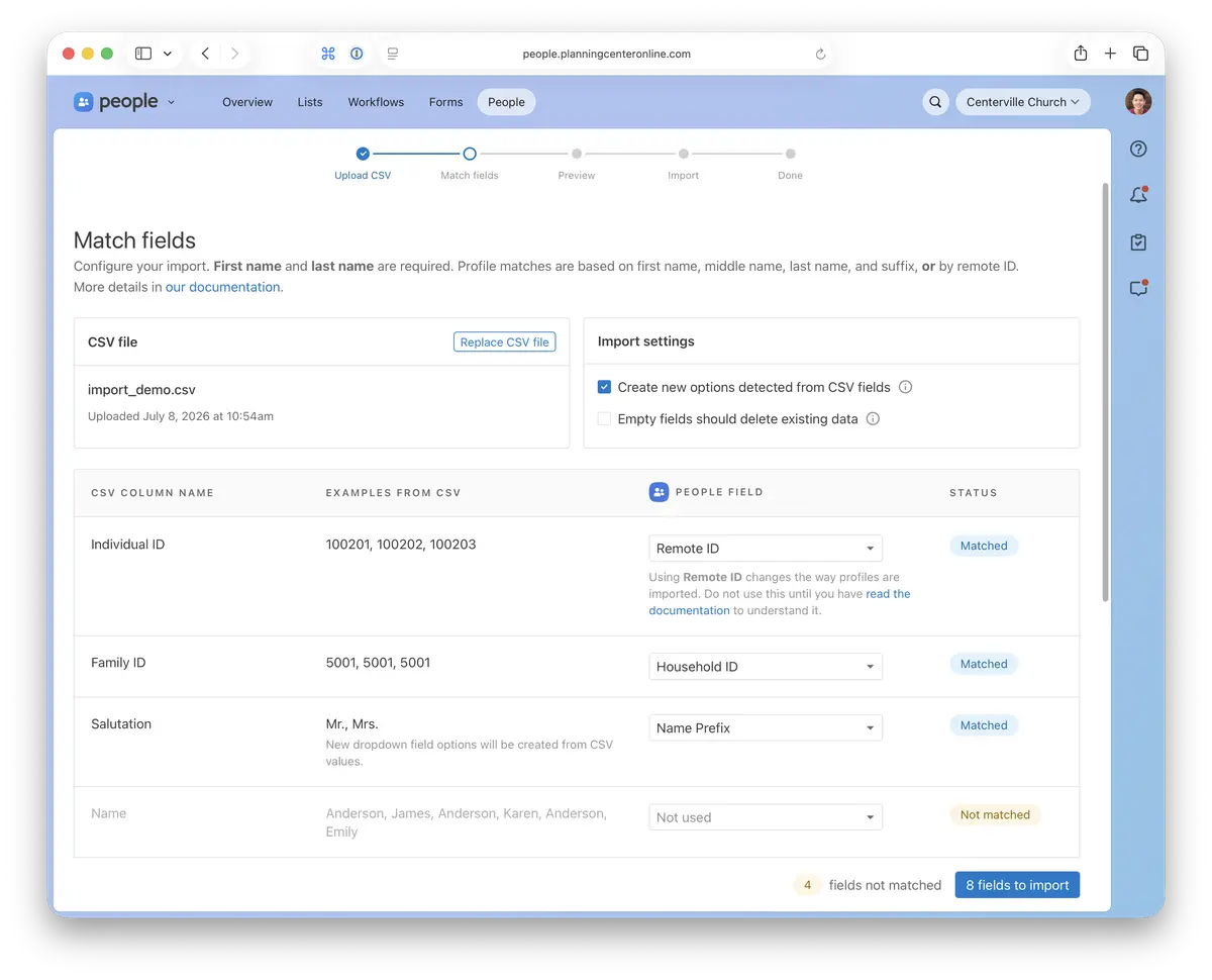 Web interface for matching fields from a CSV file with people fields for import. Includes settings, CSV column names, and status indicators.