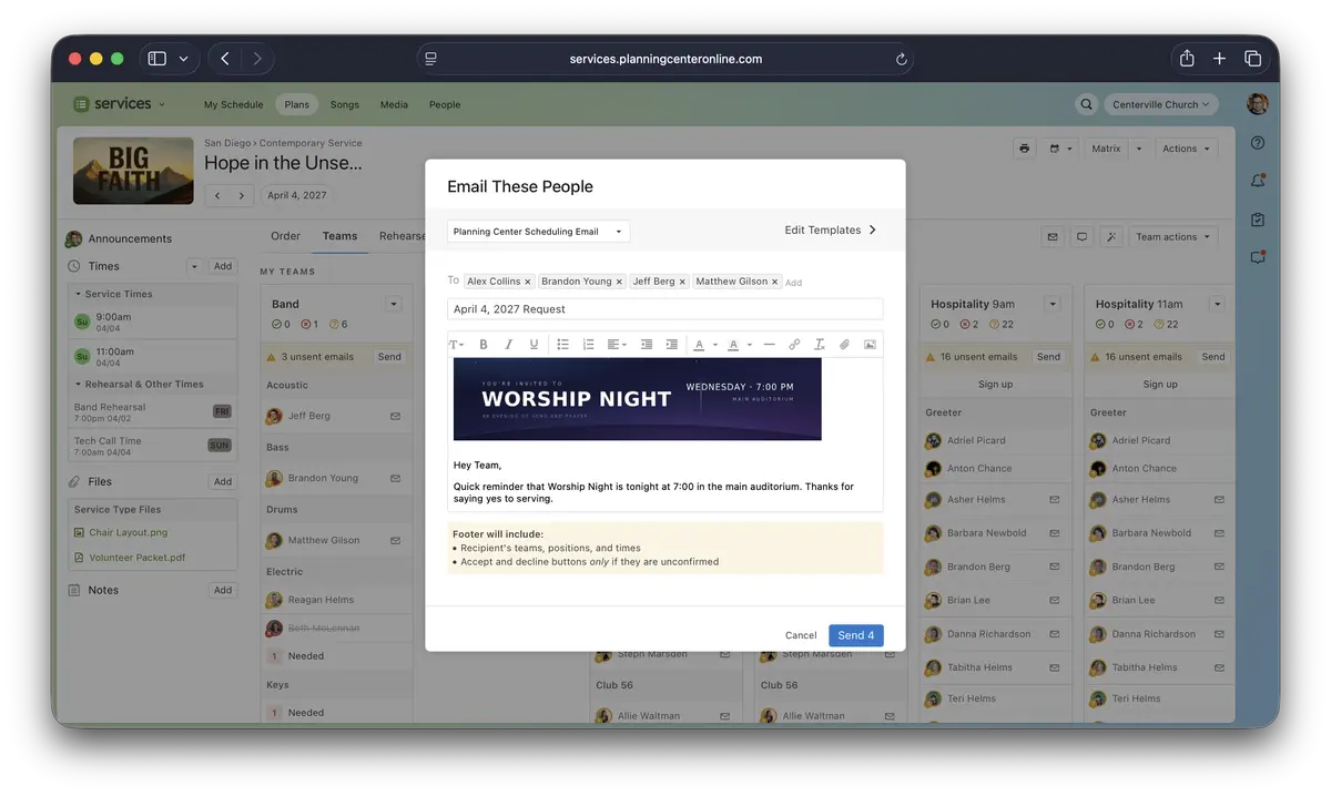 A webpage shows an email draft for "Worship Night" on April 4, 2027, inviting a team with options to send or cancel the email.