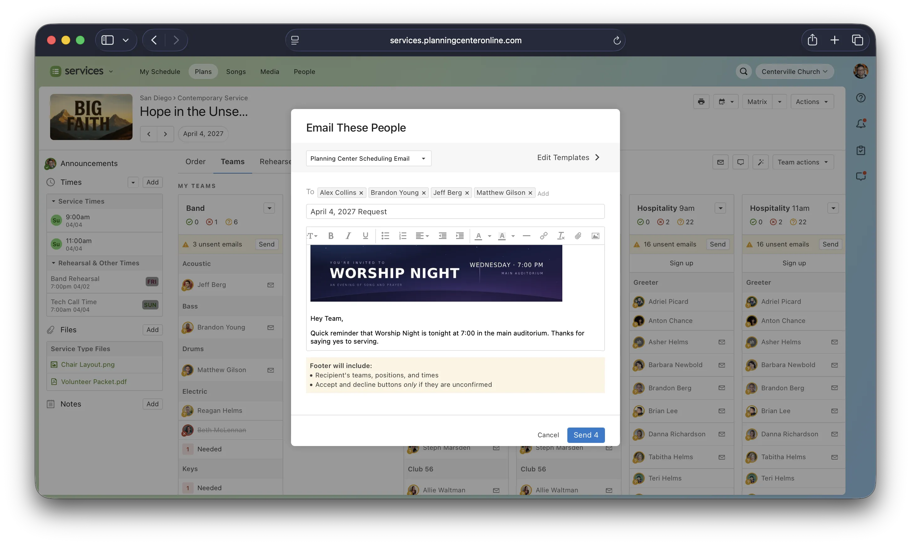 A webpage shows an email draft for "Worship Night" on April 4, 2027, inviting a team with options to send or cancel the email.