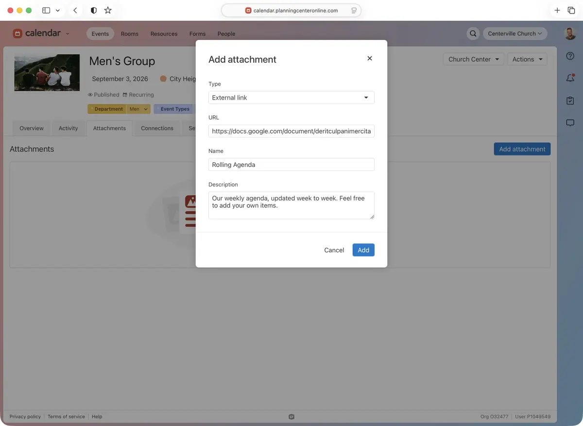 Popup window showing an "Add attachment" form for a Men's Group event, including fields for type, URL, name, and description.