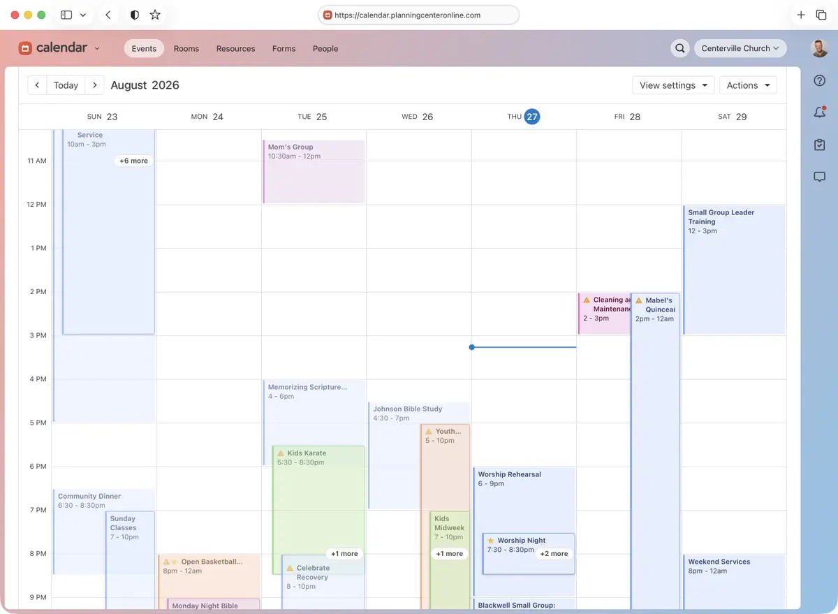 Digital calendar for August 2026 shows various events like Service, Mom's Group, Kids Karate, and Worship Rehearsal from Aug 23-29.