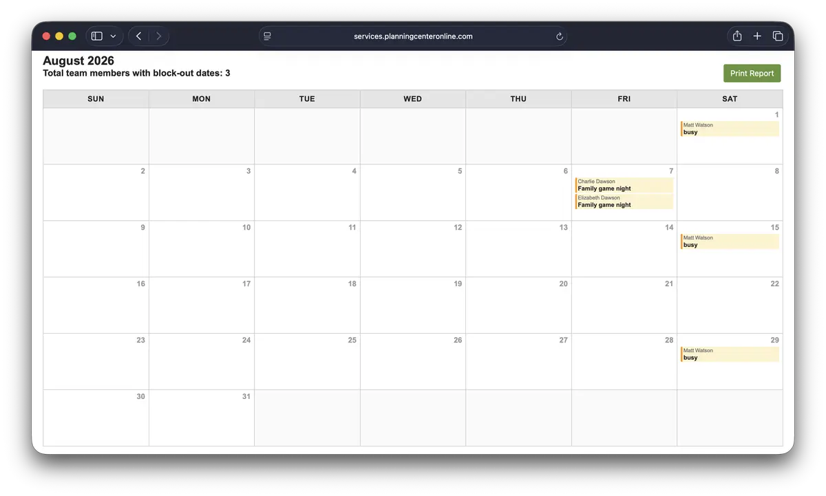 August 2026 calendar with events; "Matt Watson busy" on Aug 1, 15, 29, "Family game night" on Aug 6-7. Three block-out dates.