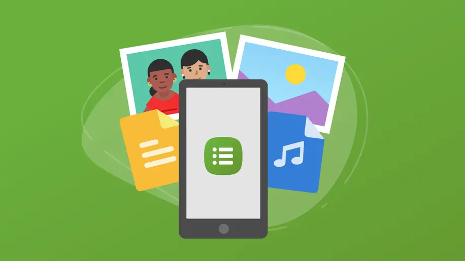 An illustration of different images and audio files being uploaded to a mobile phone with the Services logo on it