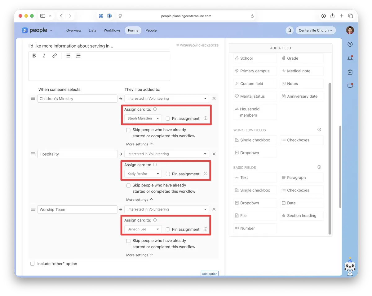 Screenshot of form builder showing a workflow field and new options for assigning and pinning