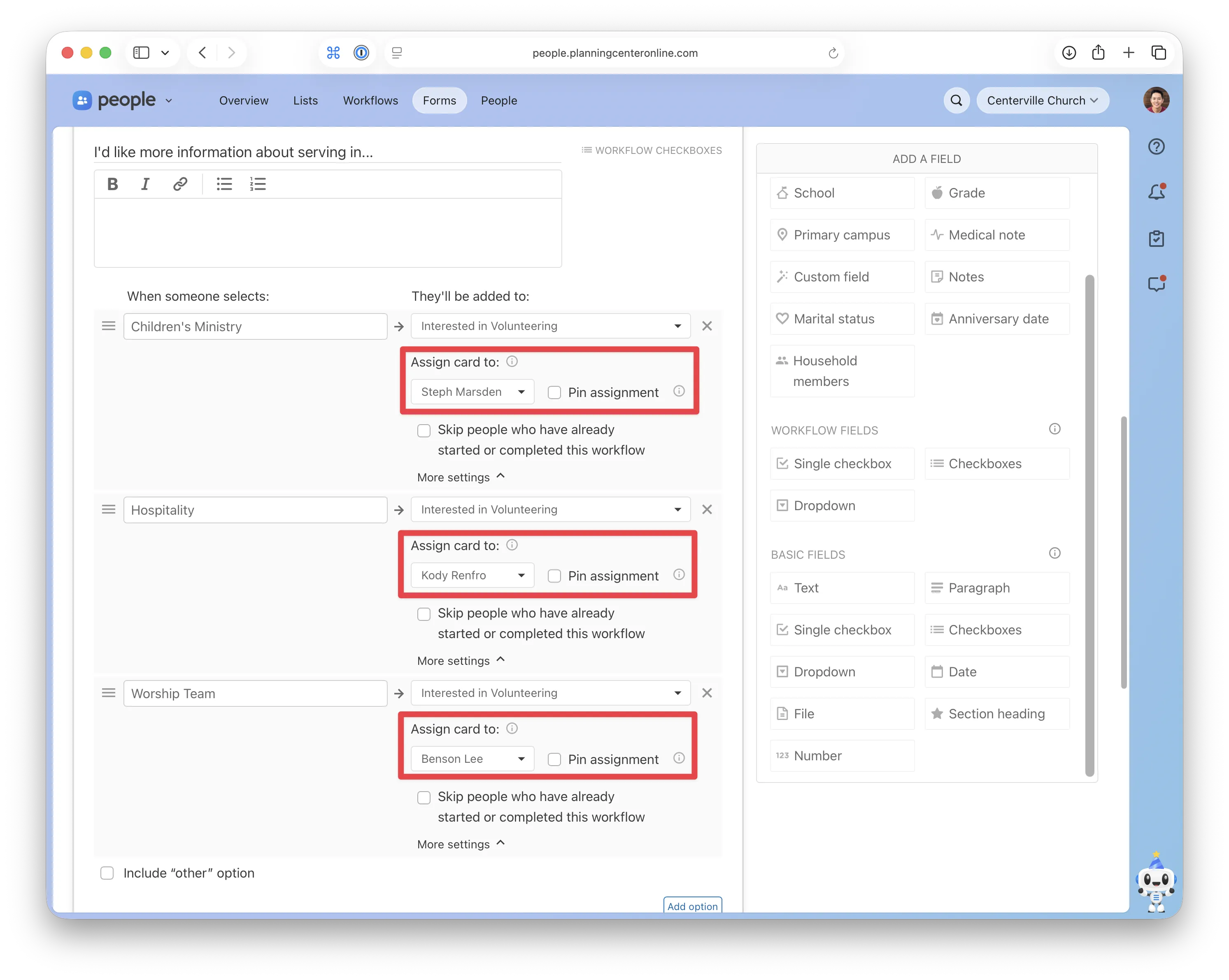 Screenshot of form builder showing a workflow field and new options for assigning and pinning